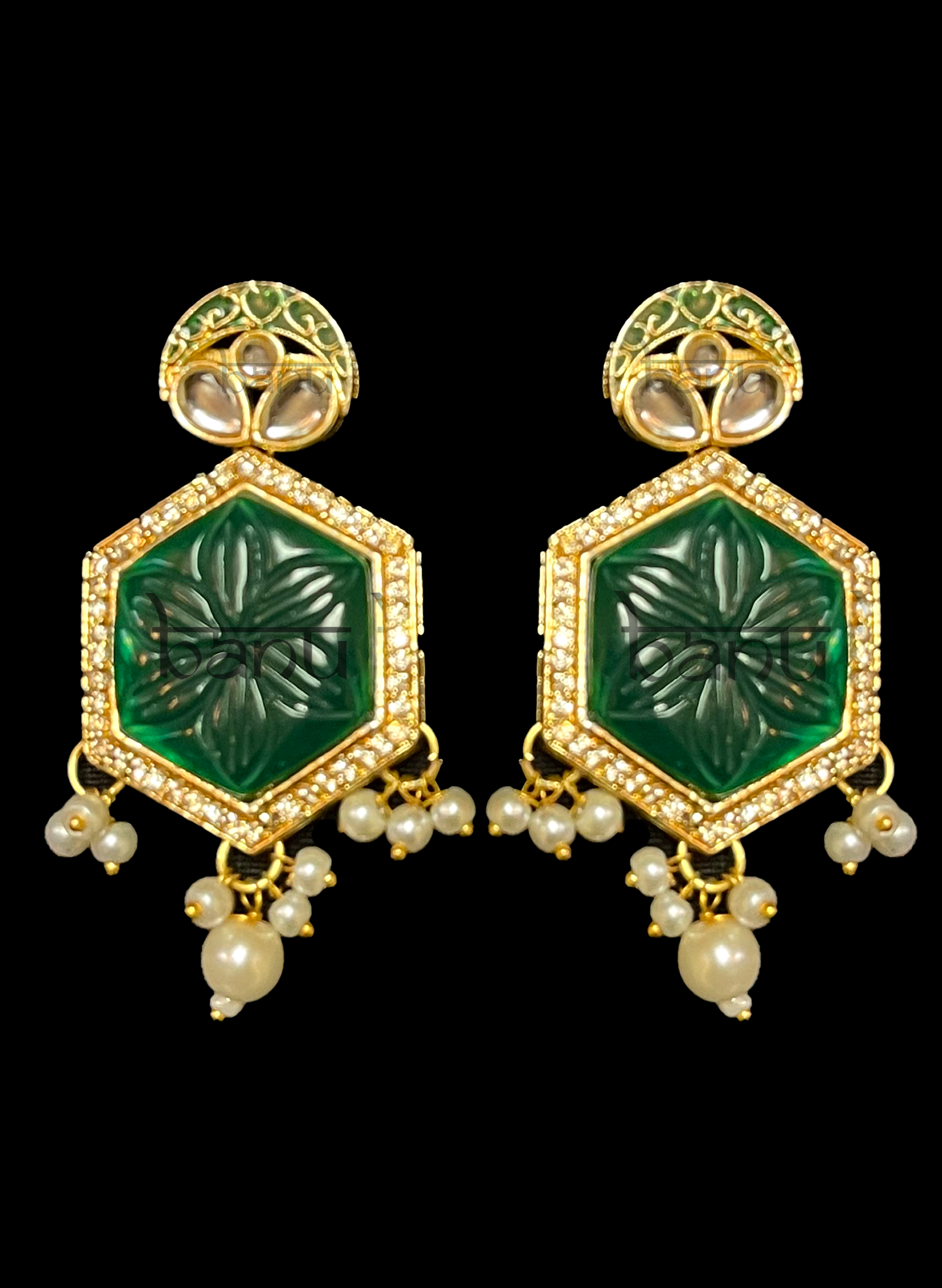 Green Indian Amrapalli earrings with kundan & pearls