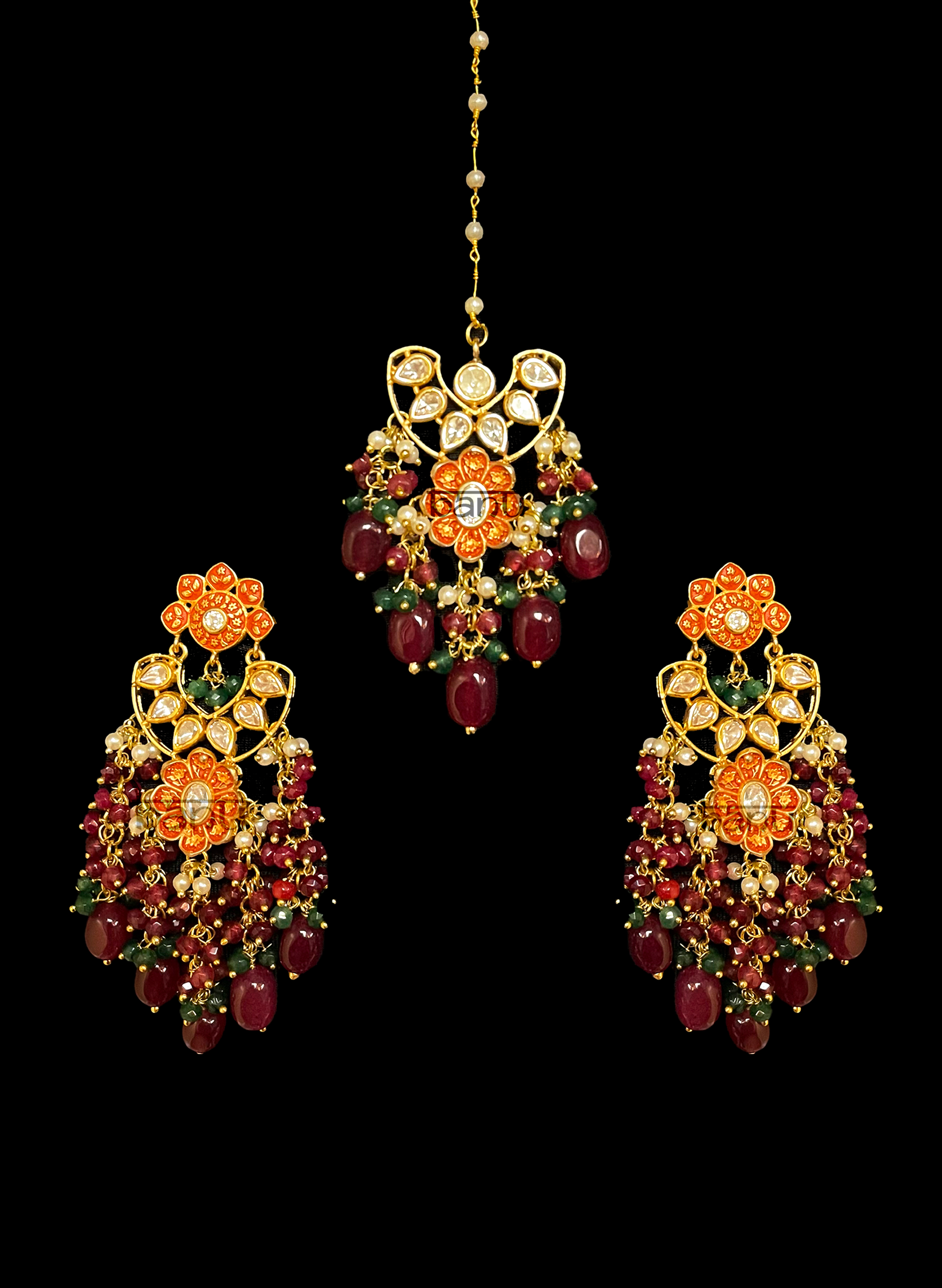 Ruby & emeral drops kundan jhumka and maang tikkah