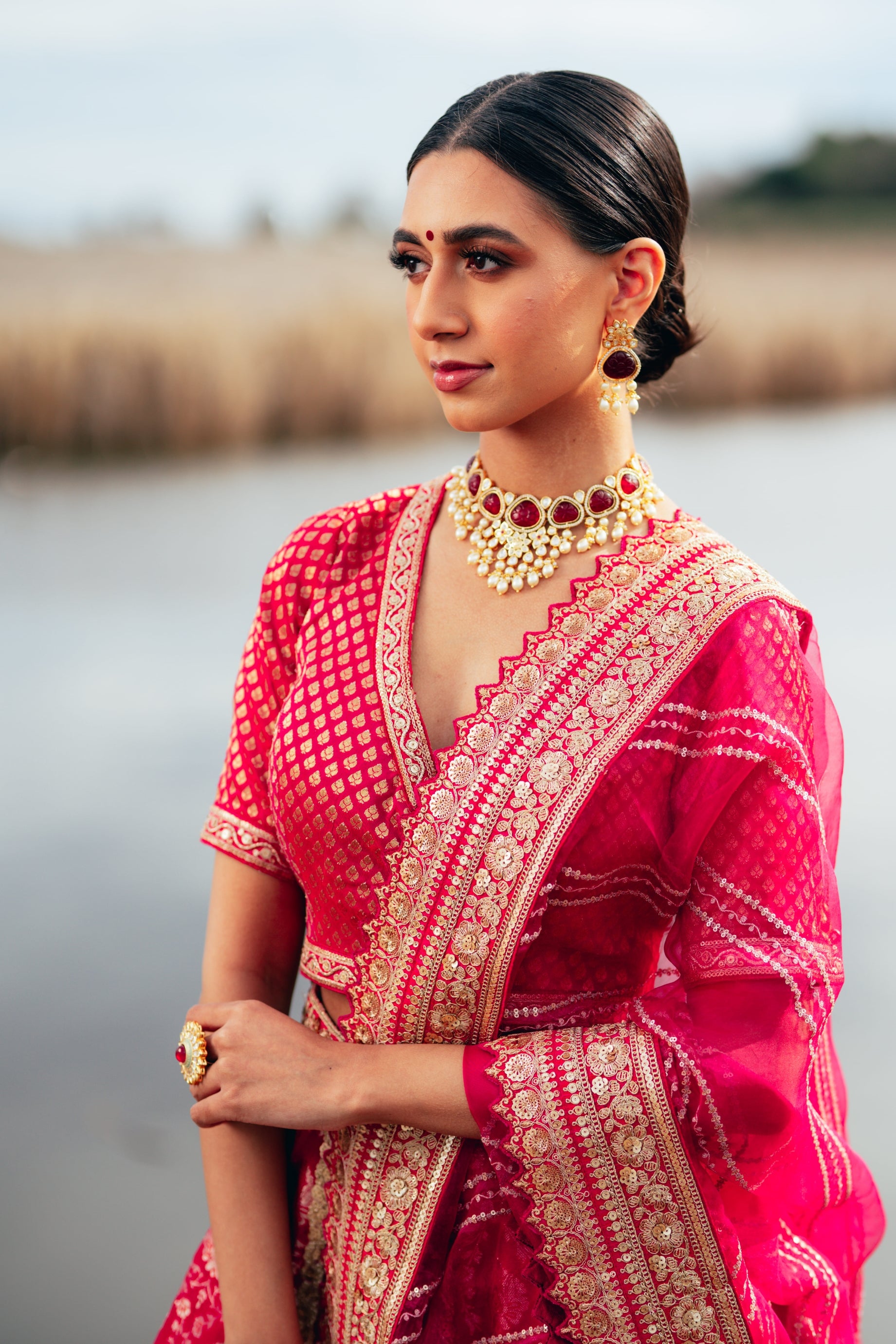 Traditional Fusia Pink Brocade Lehenga choli with embellished border