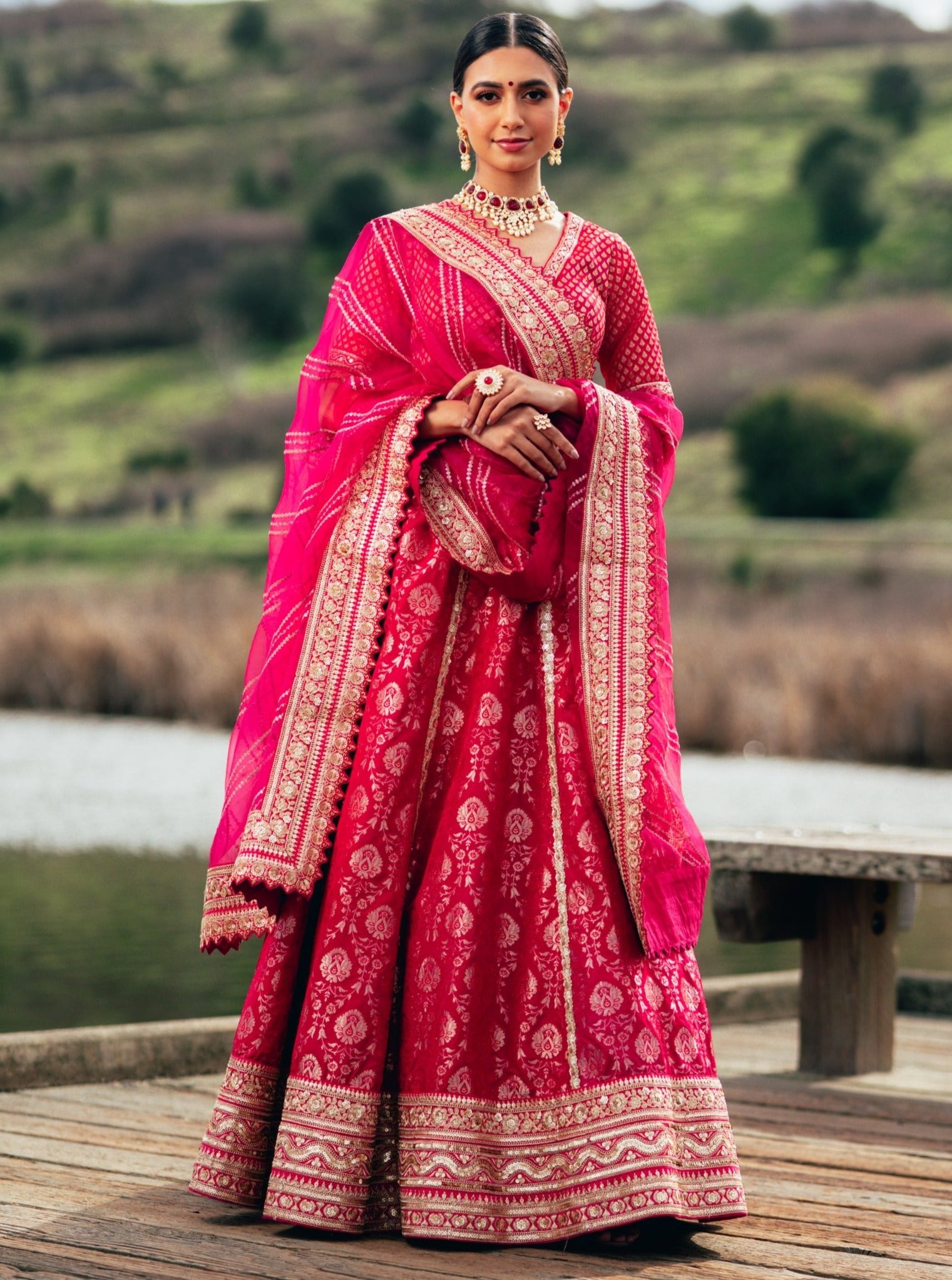 Traditional Fusia Pink Brocade Lehenga choli with embellished border