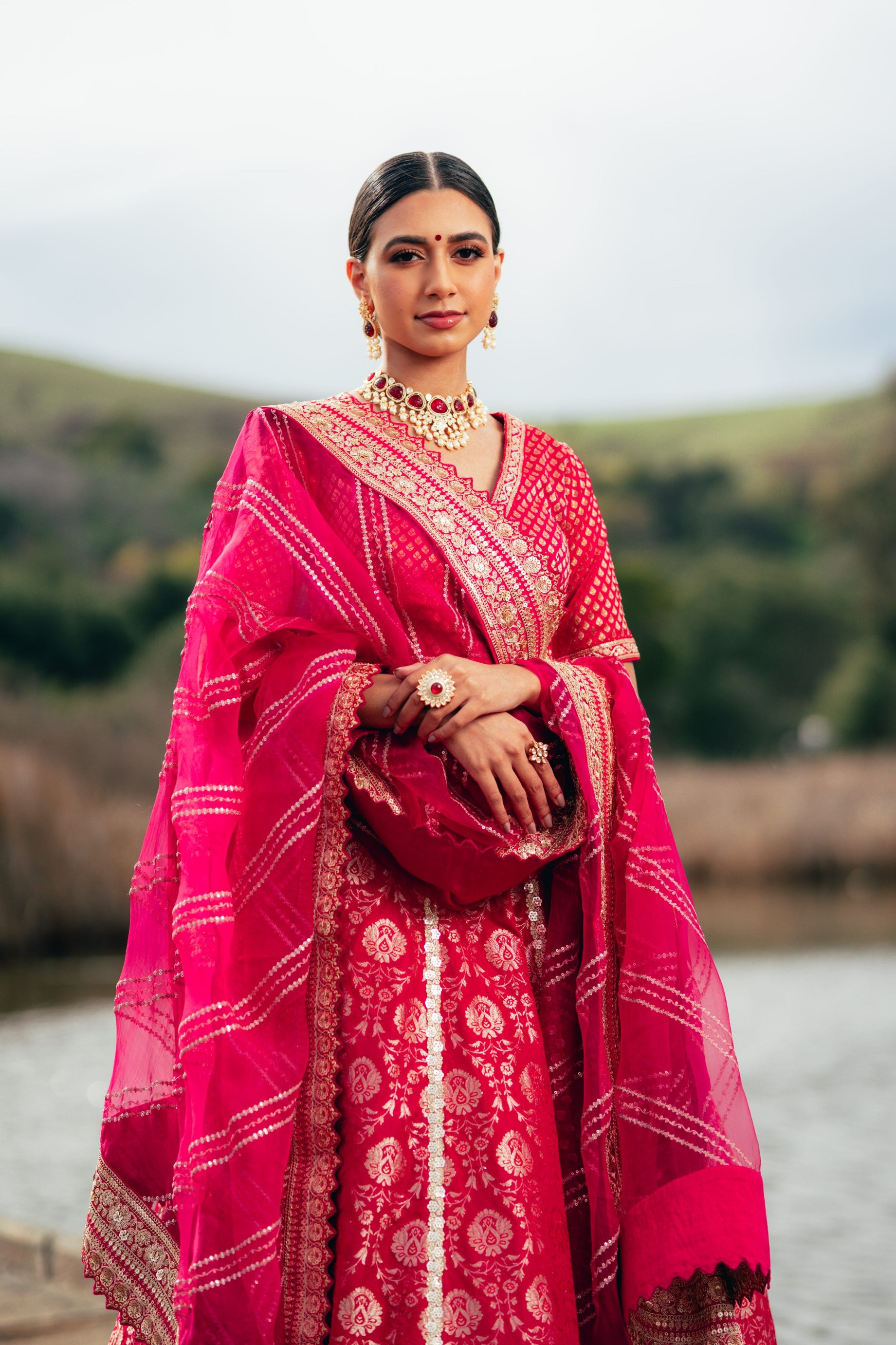 Traditional Fusia Pink Brocade Lehenga choli with embellished border