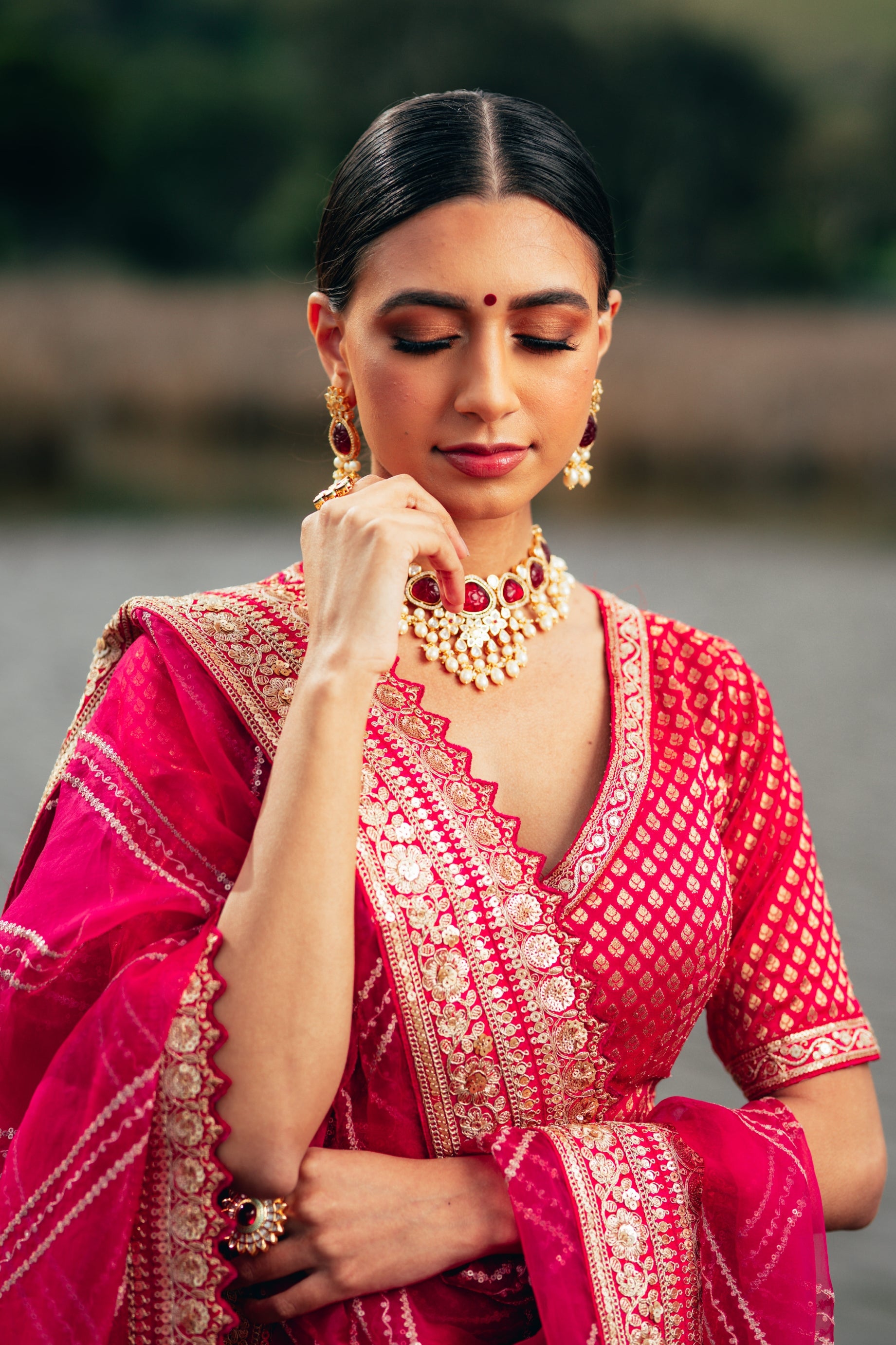 Traditional Fusia Pink Brocade Lehenga choli with embellished border