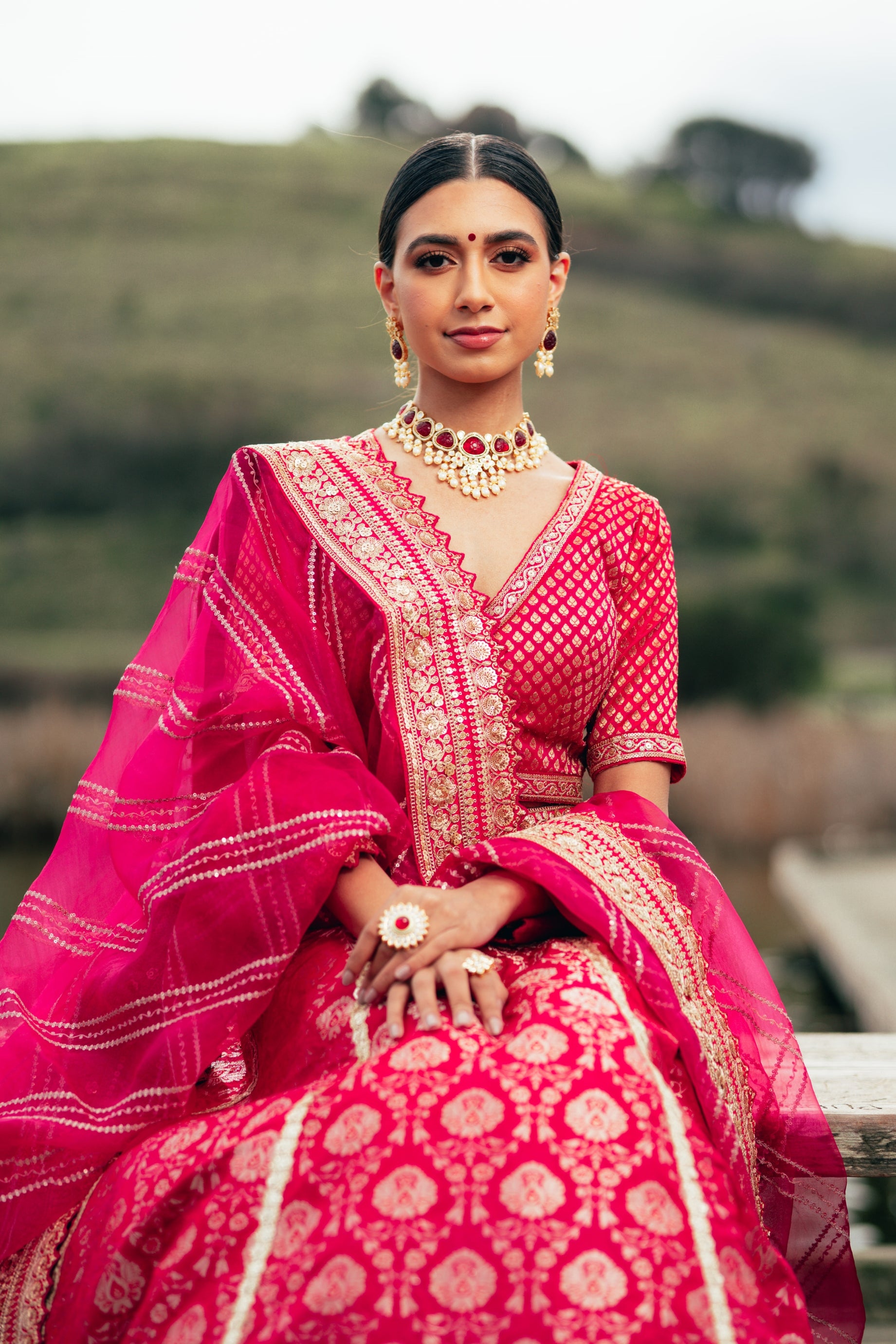 Traditional Fusia Pink Brocade Lehenga choli with embellished border