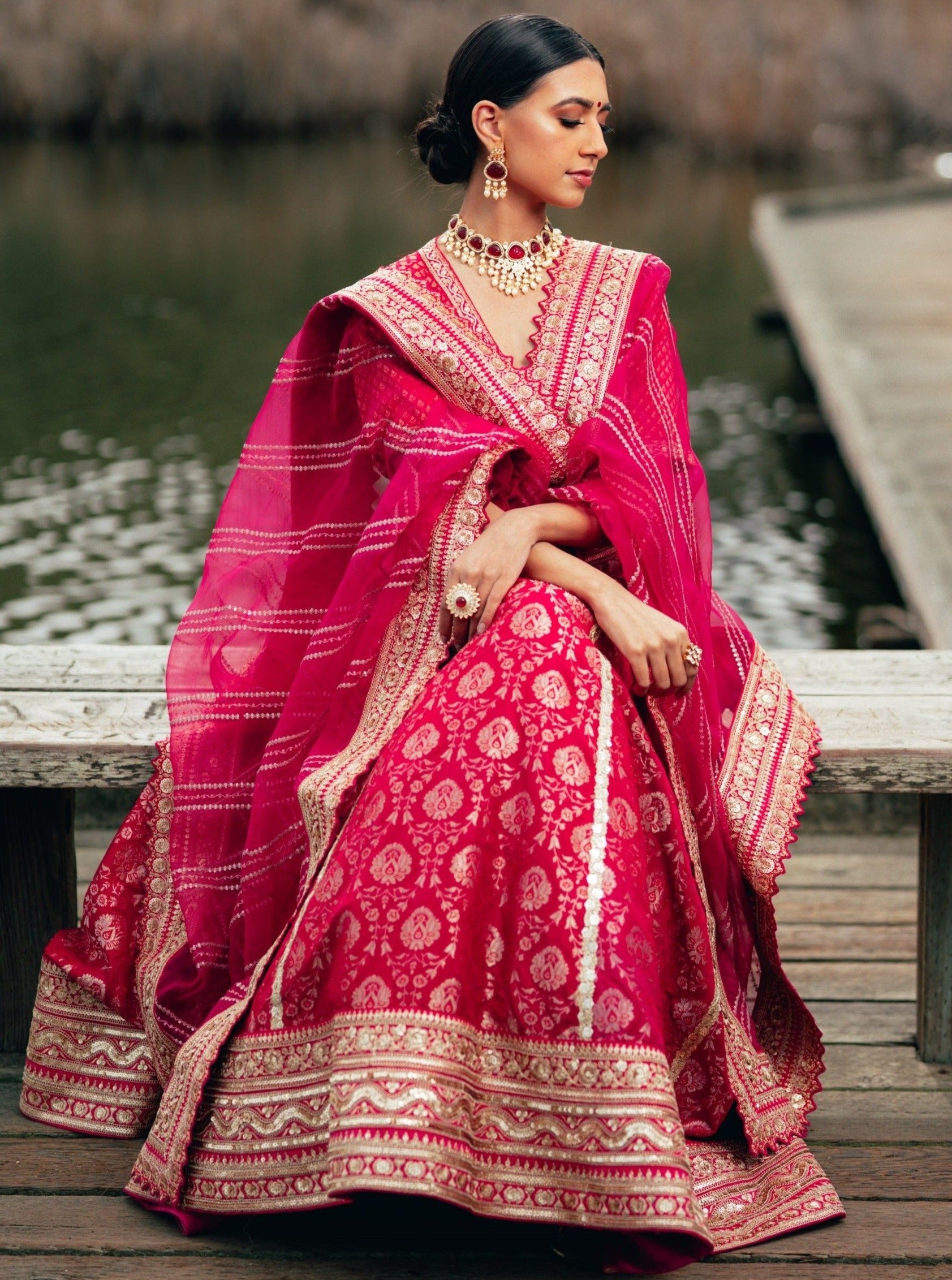 Traditional Fusia Pink Brocade Lehenga choli with embellished border