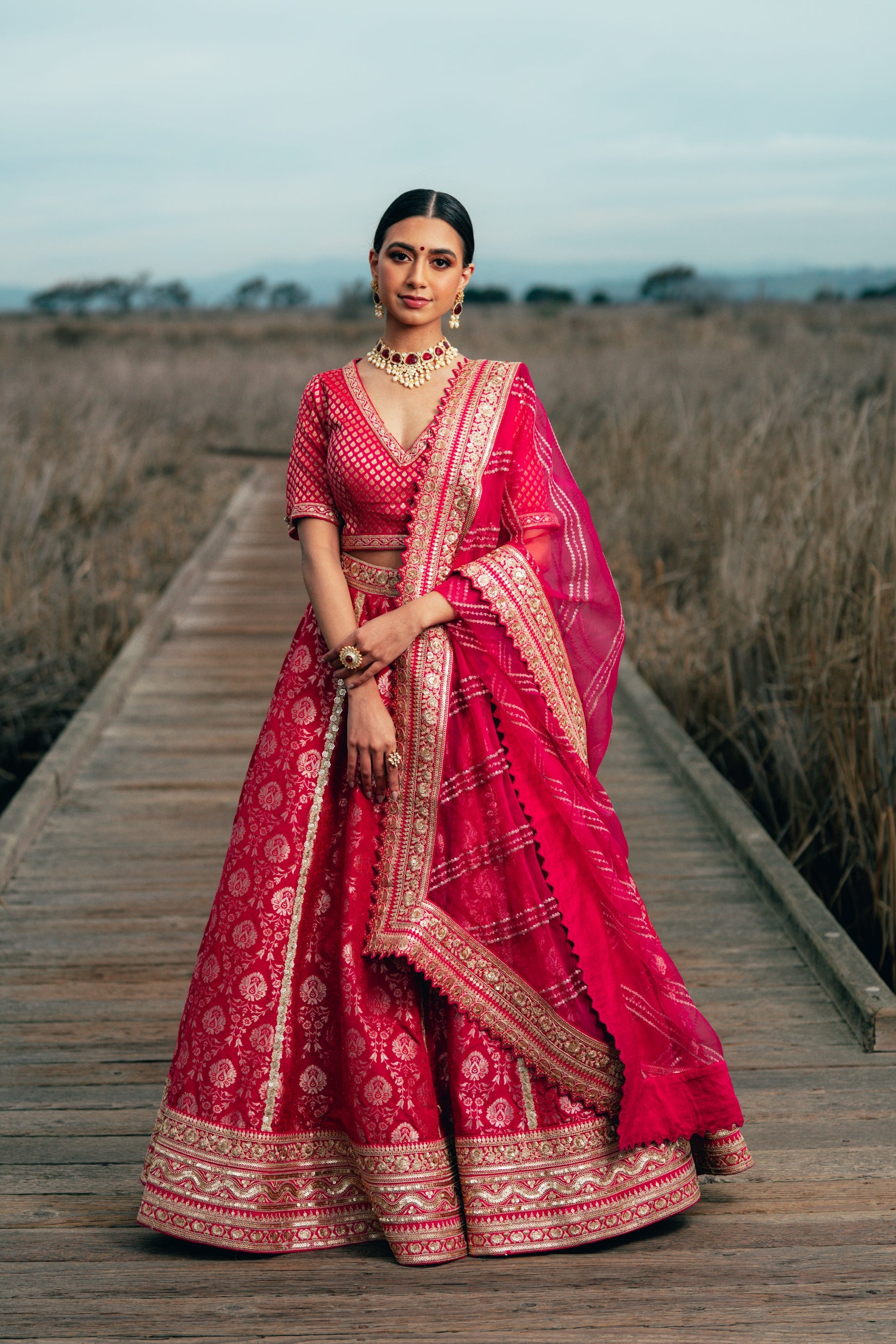 Traditional Fusia Pink Brocade Lehenga choli with embellished border