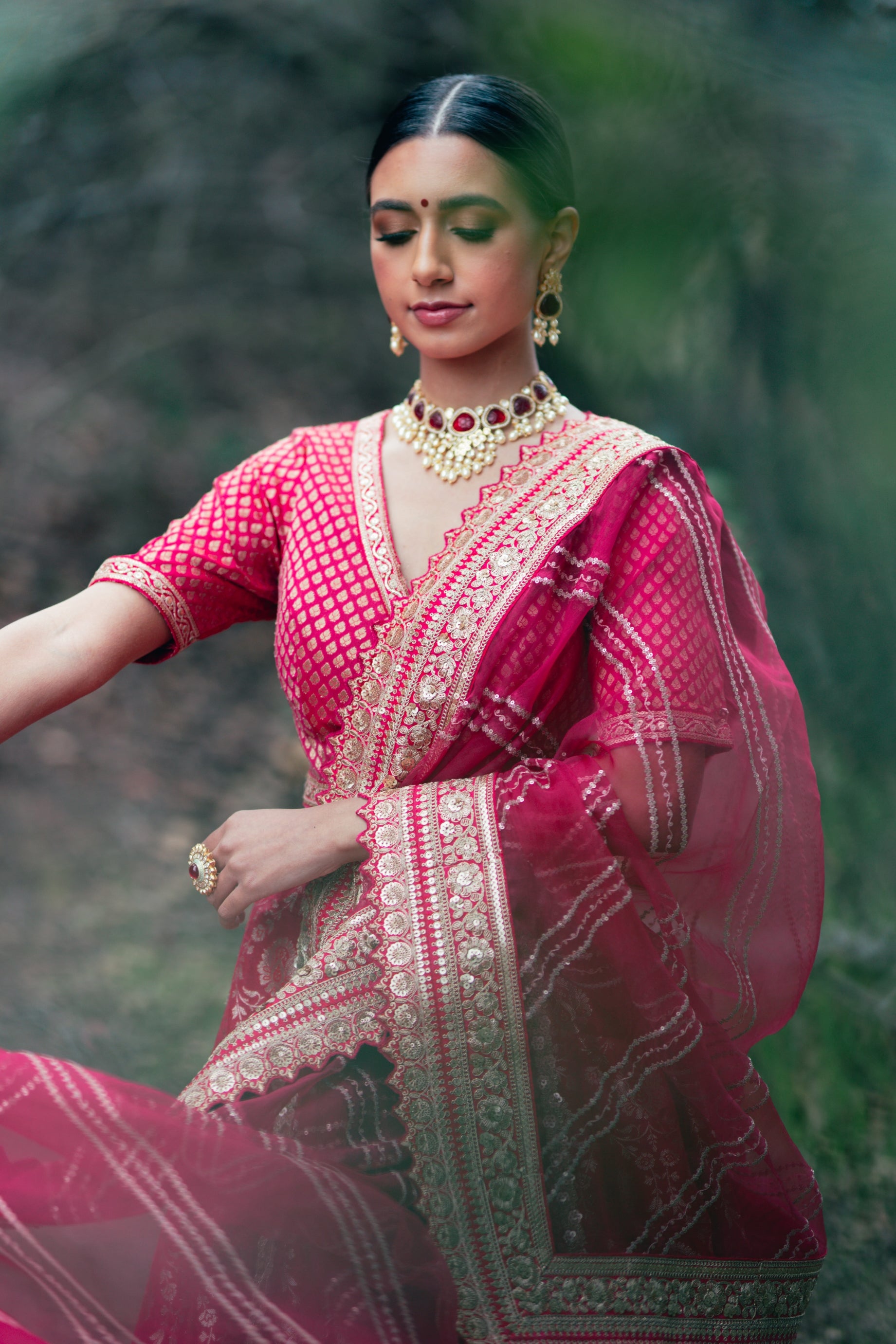 Traditional Fusia Pink Brocade Lehenga choli with embellished border