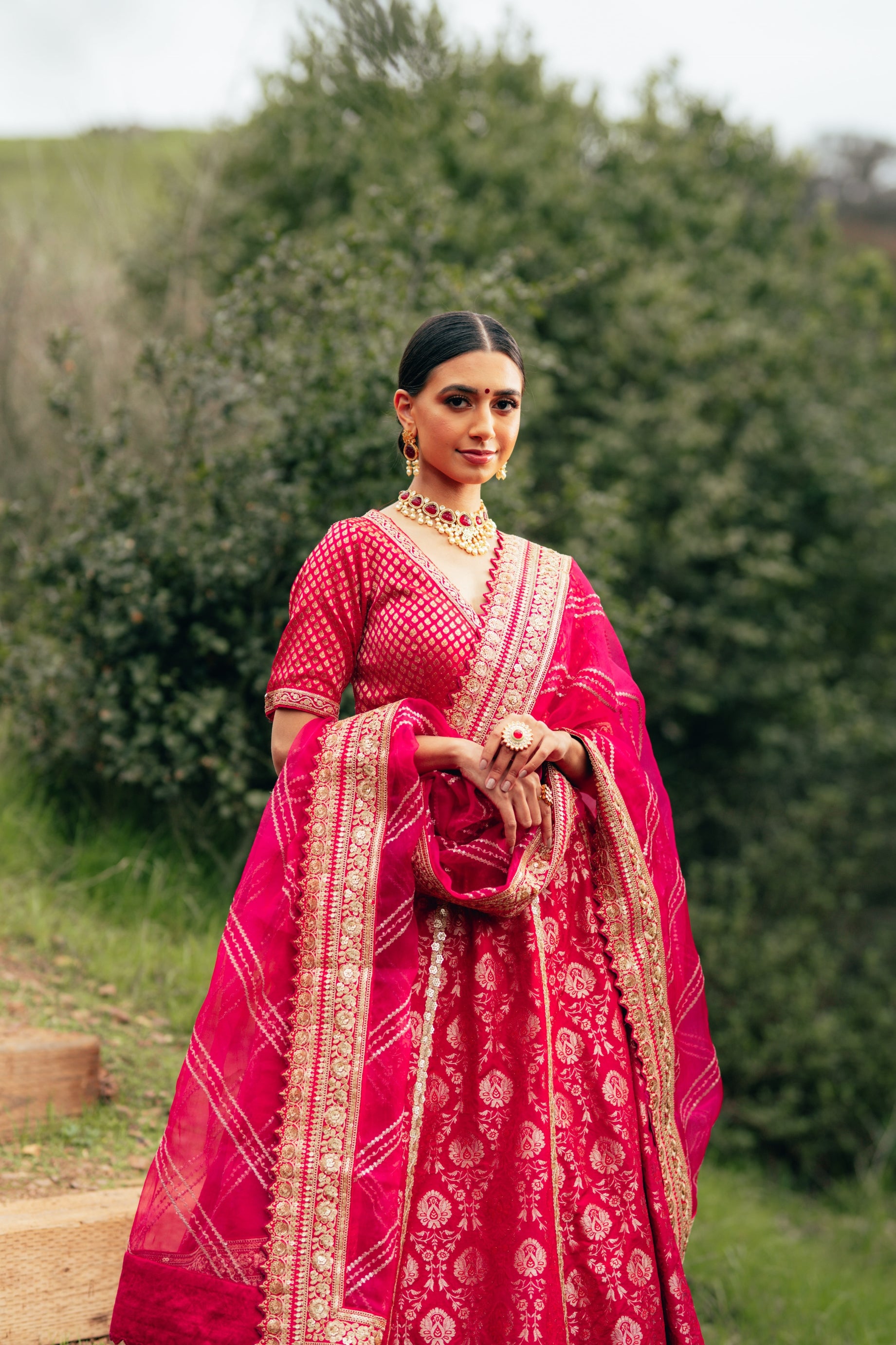 Traditional Fusia Pink Brocade Lehenga choli with embellished border