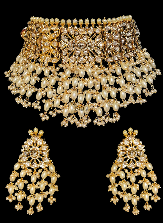 Saras I - Indian Women's Luxurious Pearl Bridal Choker Set w/ Kundan Gemstones