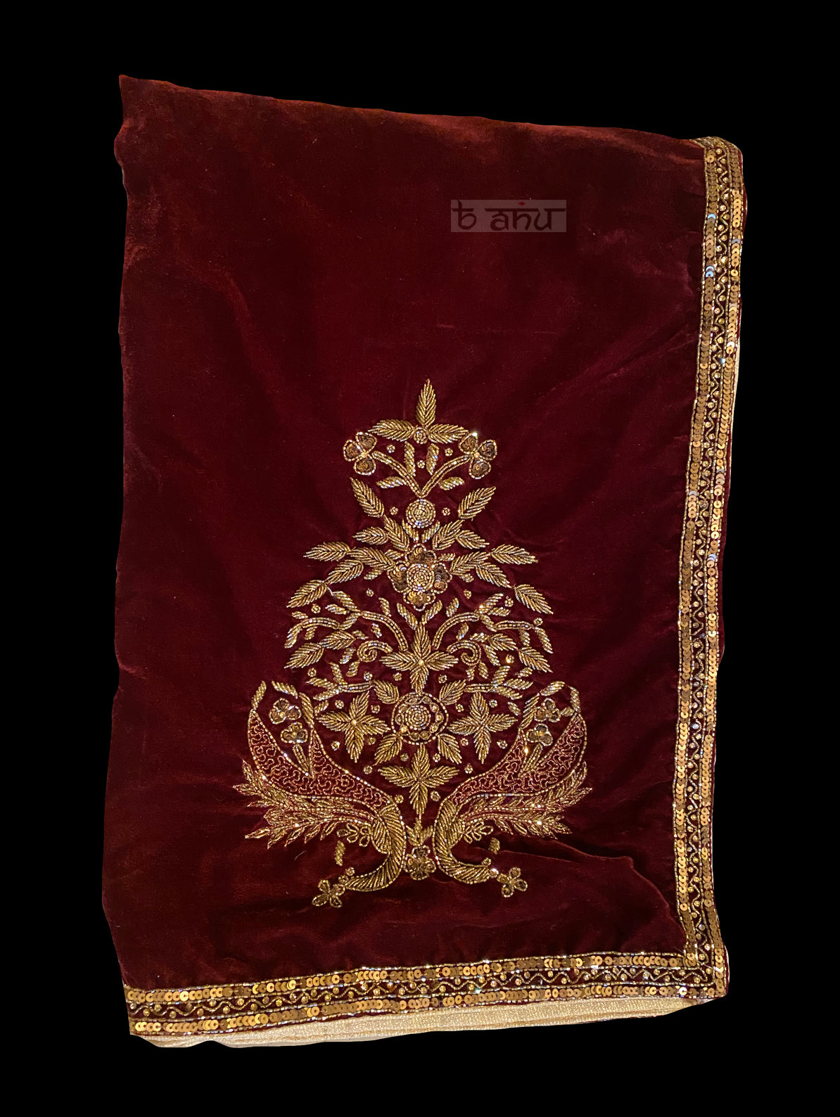 Maroon Velvet Shawl - Fully Heavy Embroidered - bAnuDesigns