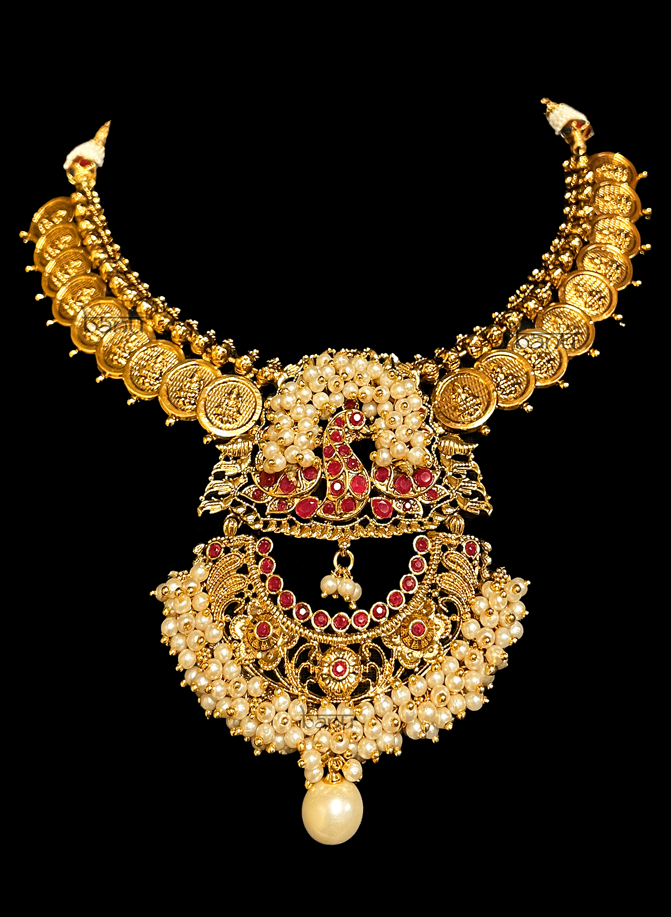 Kedar - Traditional Coin Temple Jewelry w/ Cluster Pearls & Ruby Peacock work