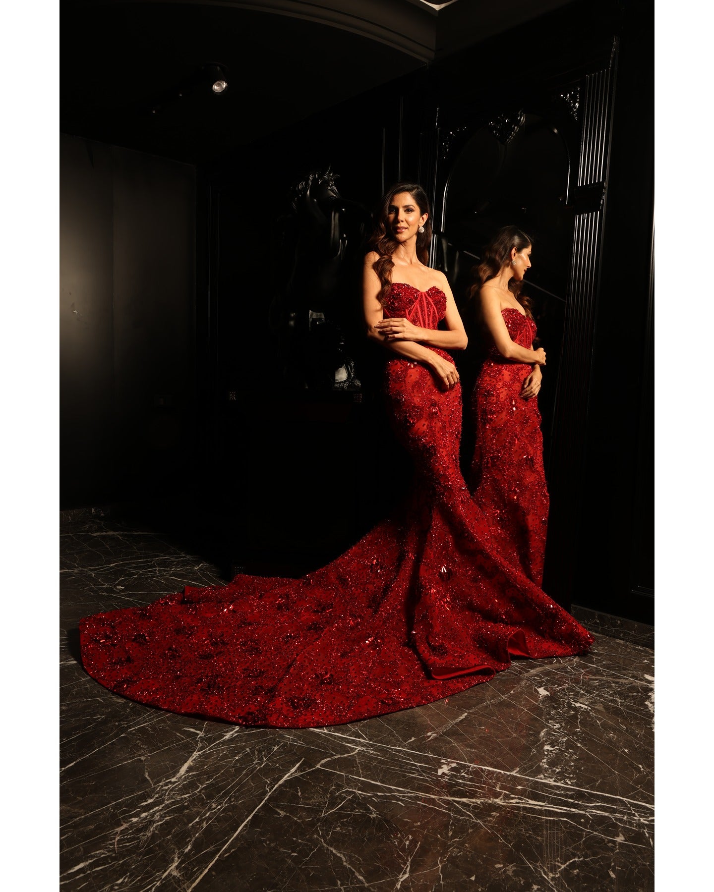 Buy Eve Champagne Mermaid Cut Gown In Hand Crafted Net With Geometric  Motifs Online - Kalki Fashion