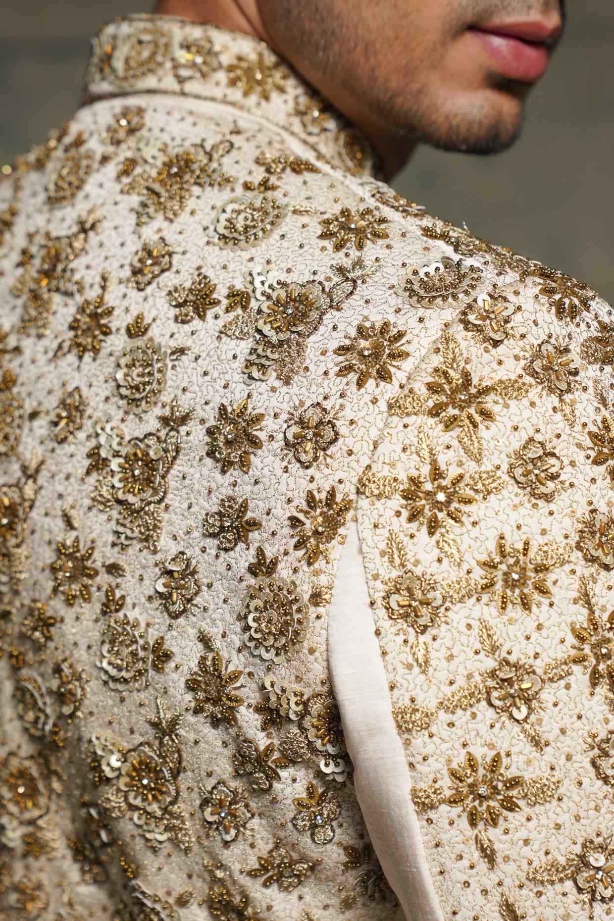 Apricot Ivory Silk Embroidered Zari Sherwani Set