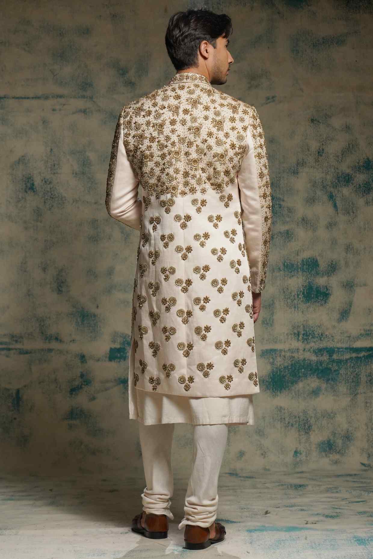 Apricot Ivory Silk Embroidered Zari Sherwani Set