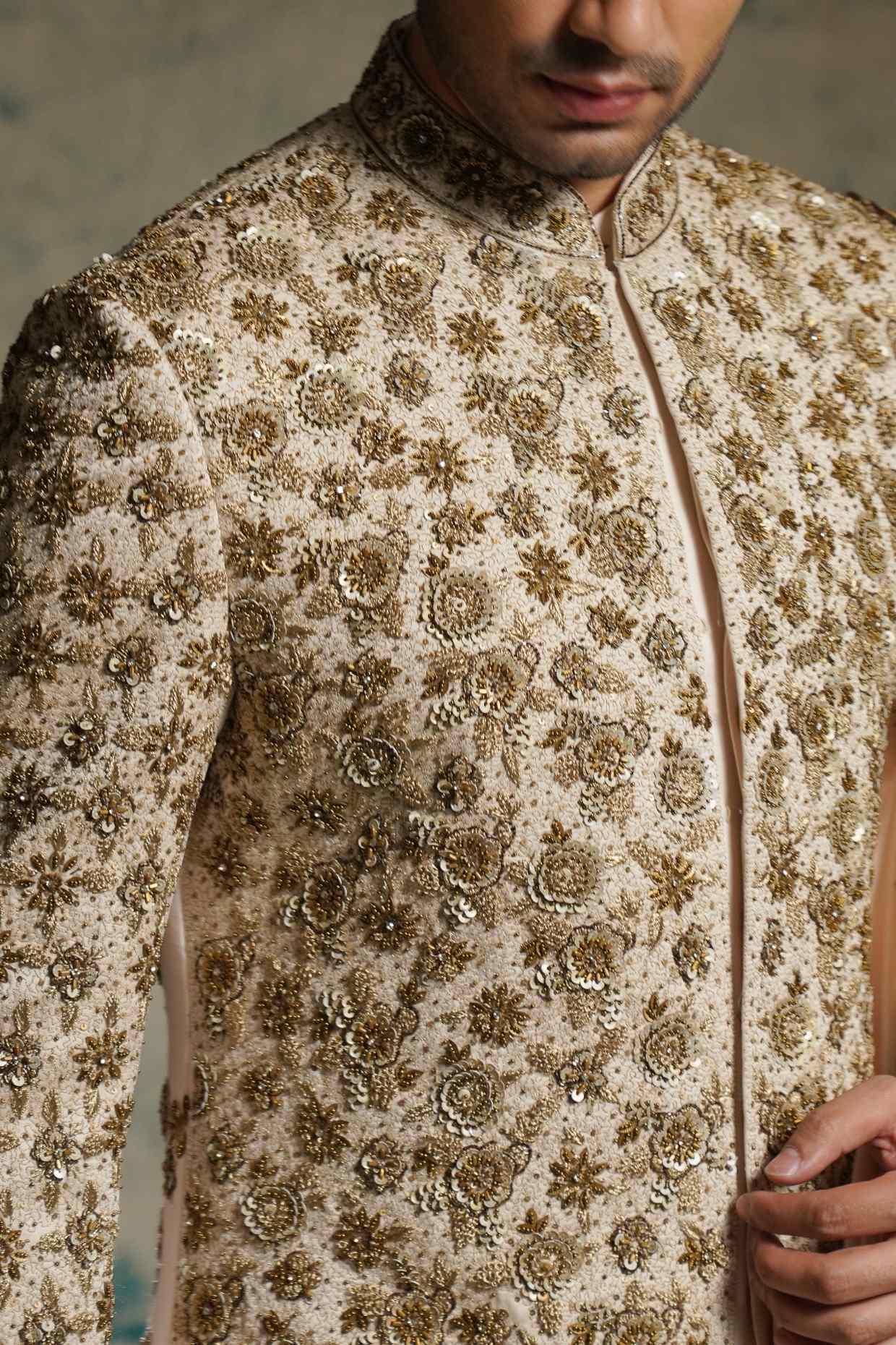 Apricot Ivory Silk Embroidered Zari Sherwani Set