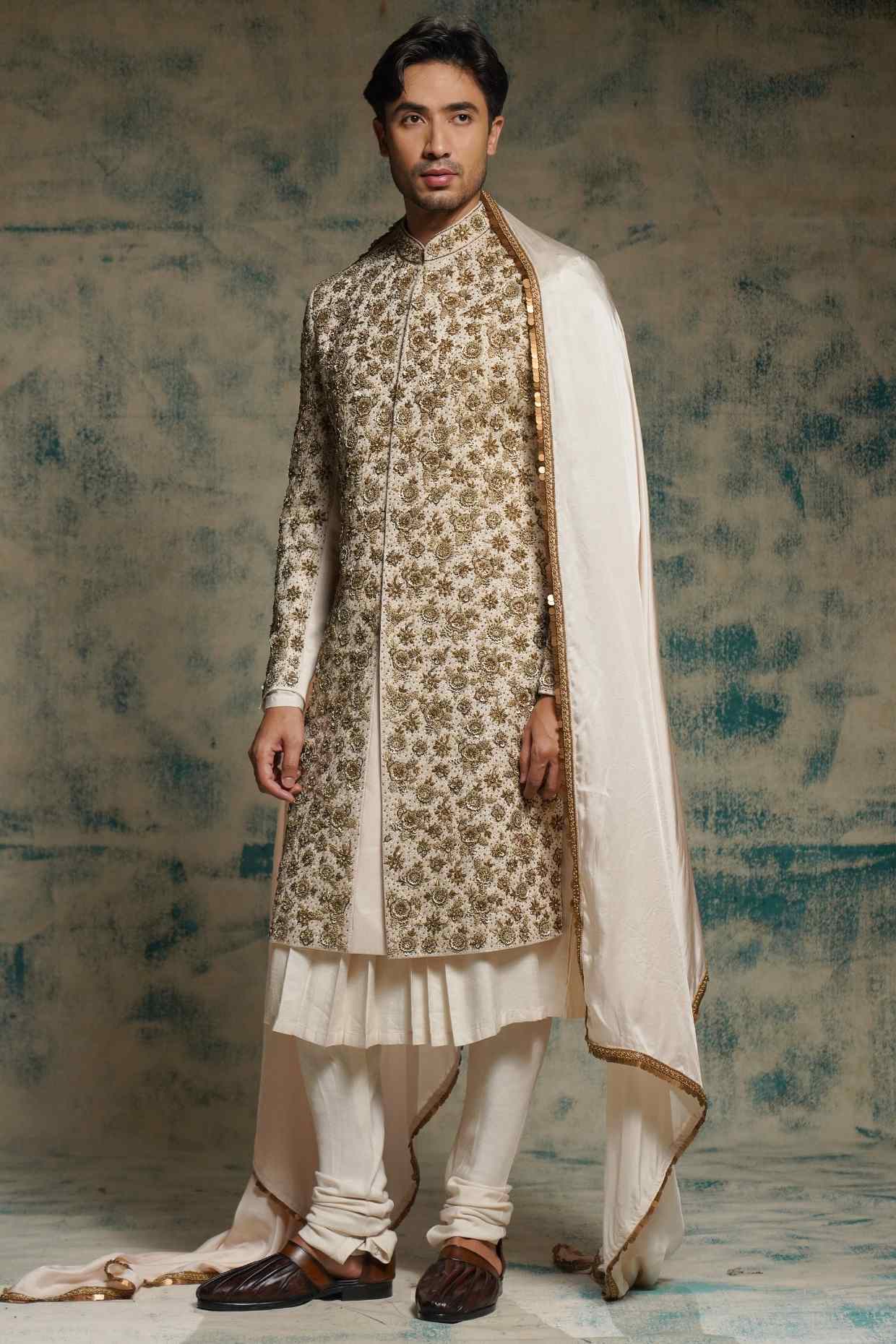 Apricot Ivory Silk Embroidered Zari Sherwani Set