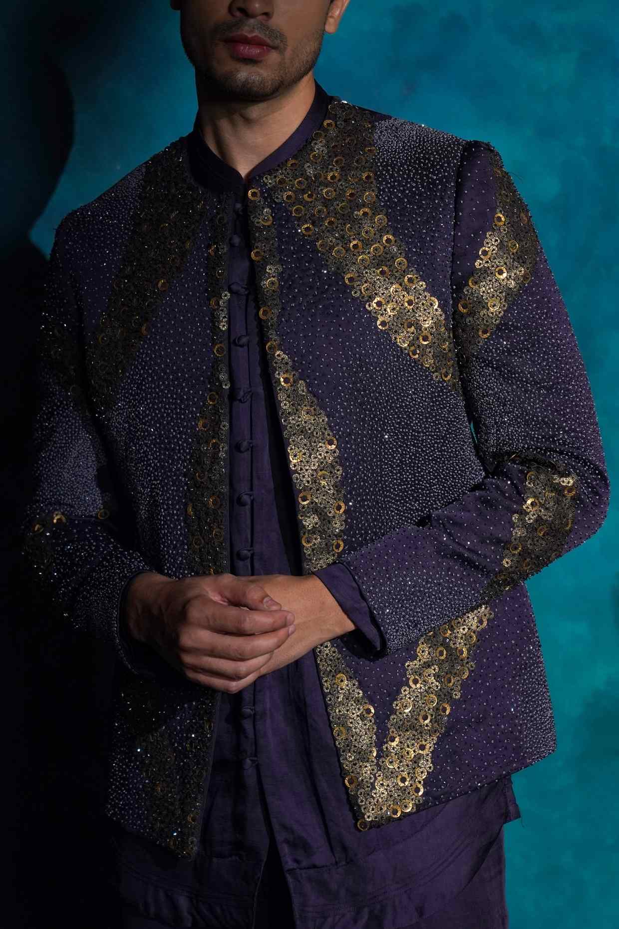 Twilight Blue Hand Embroidered Sequence Short Jacket Set