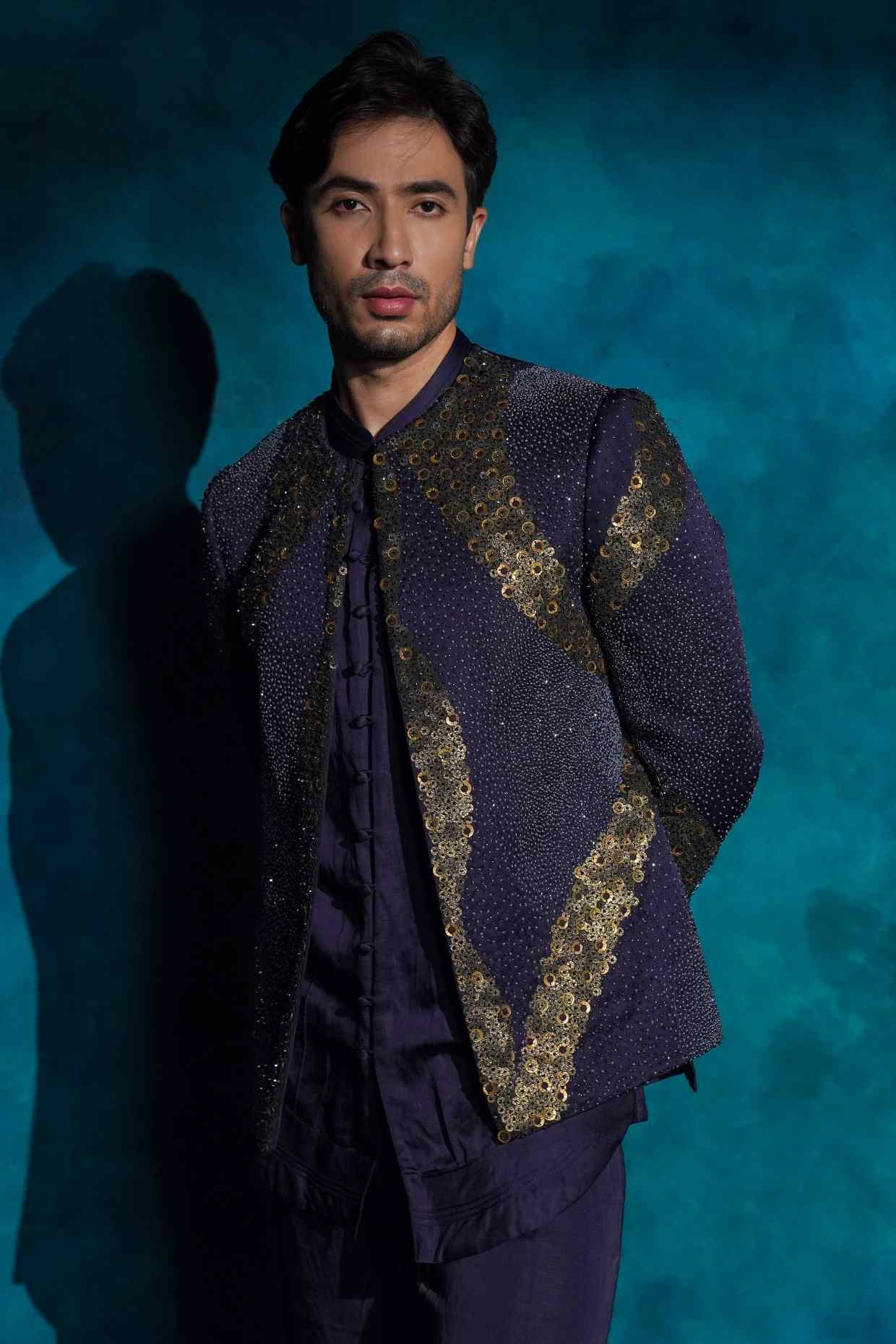 Twilight Blue Hand Embroidered Sequence Short Jacket Set