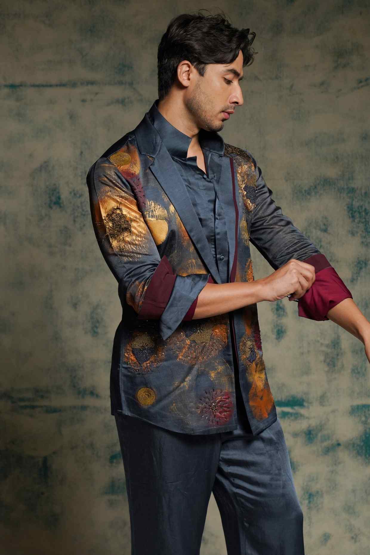 Charcoal Blue Hand Painted Concept Blazer Set