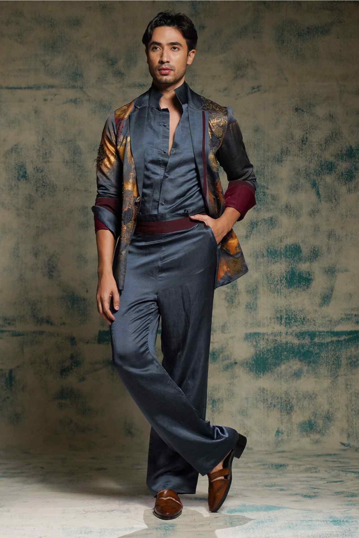 Charcoal Blue Hand Painted Concept Blazer Set