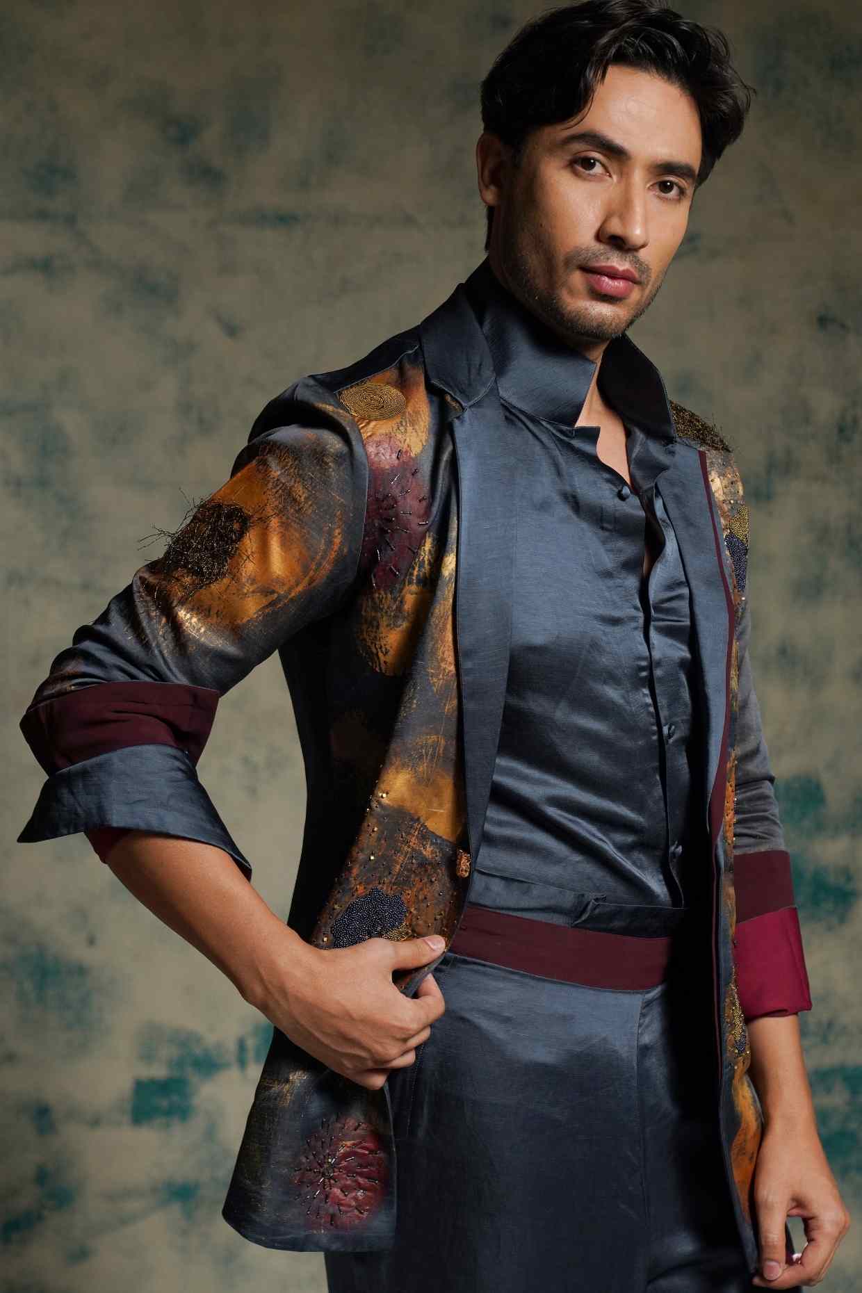 Charcoal Blue Hand Painted Concept Blazer Set