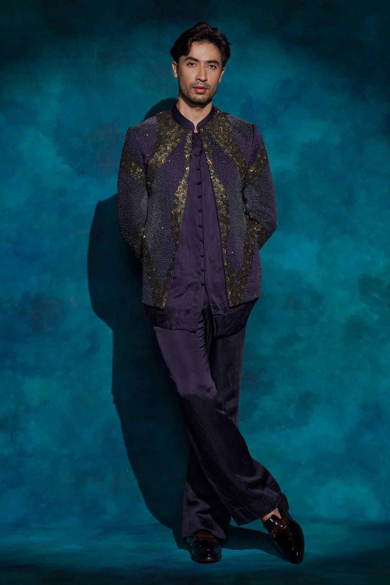 Twilight Blue Hand Embroidered Sequence Short Jacket Set