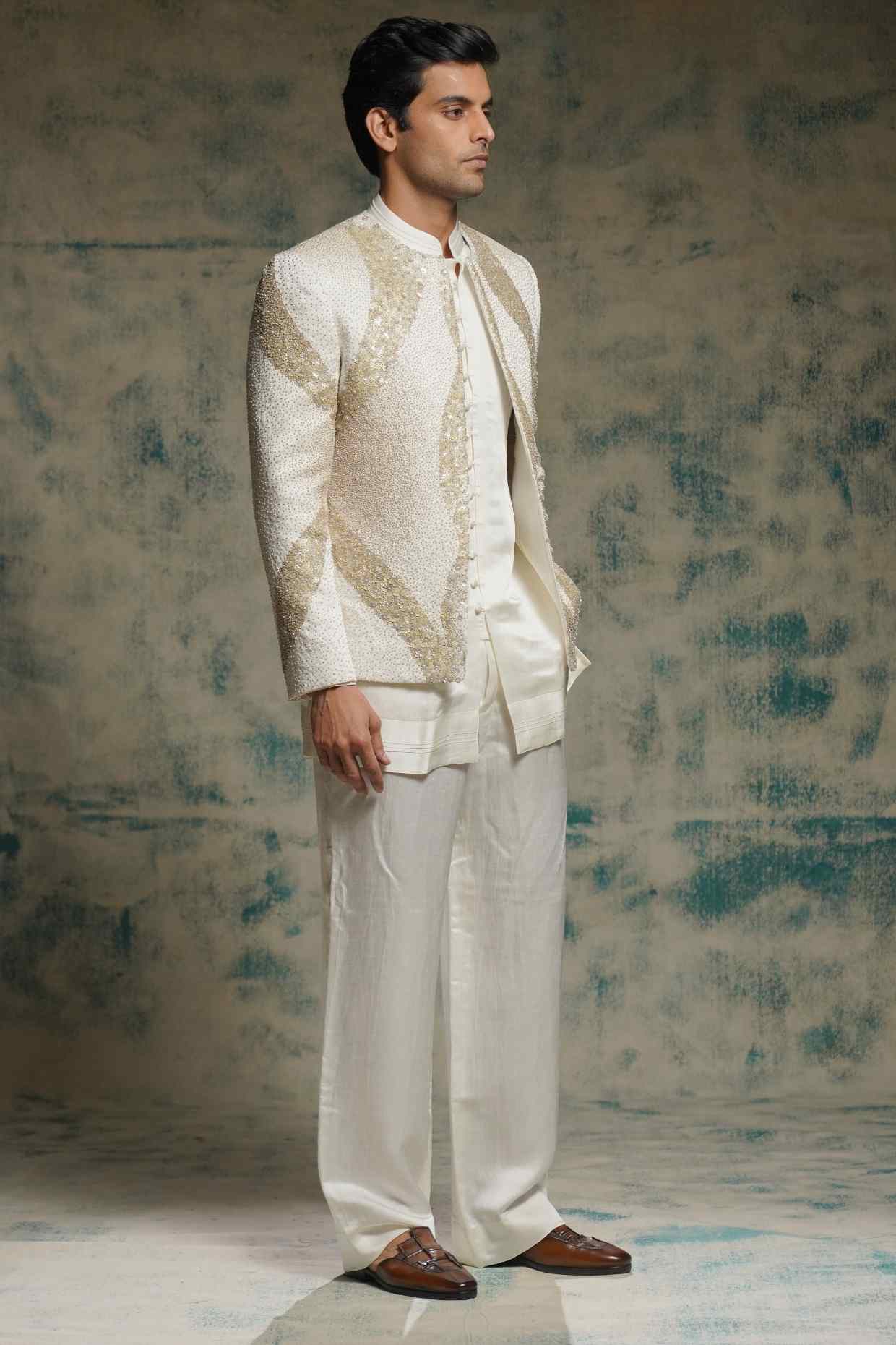 Ivory Hand Embroidered Sequins Short Jacket Set