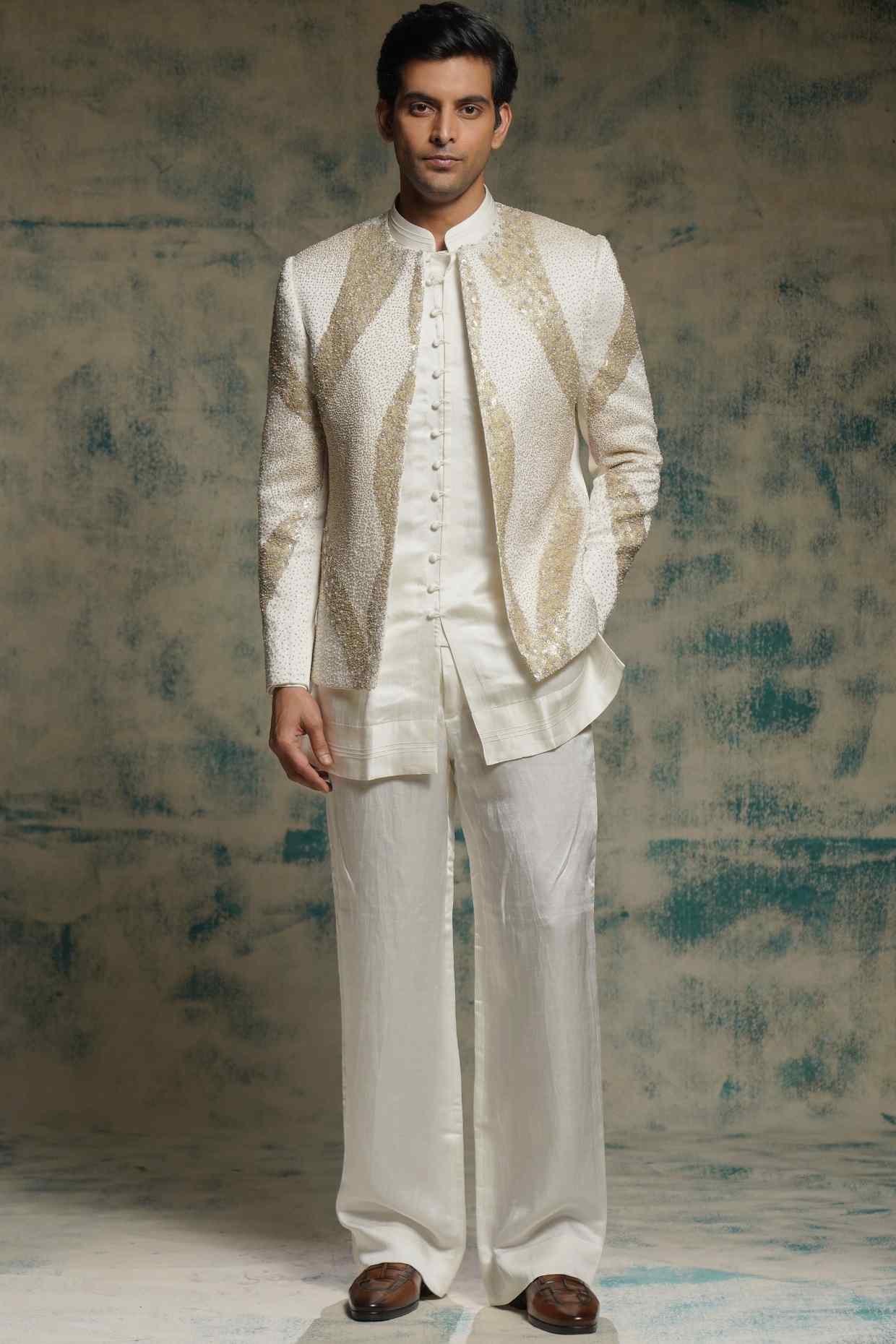 Ivory Hand Embroidered Sequins Short Jacket Set