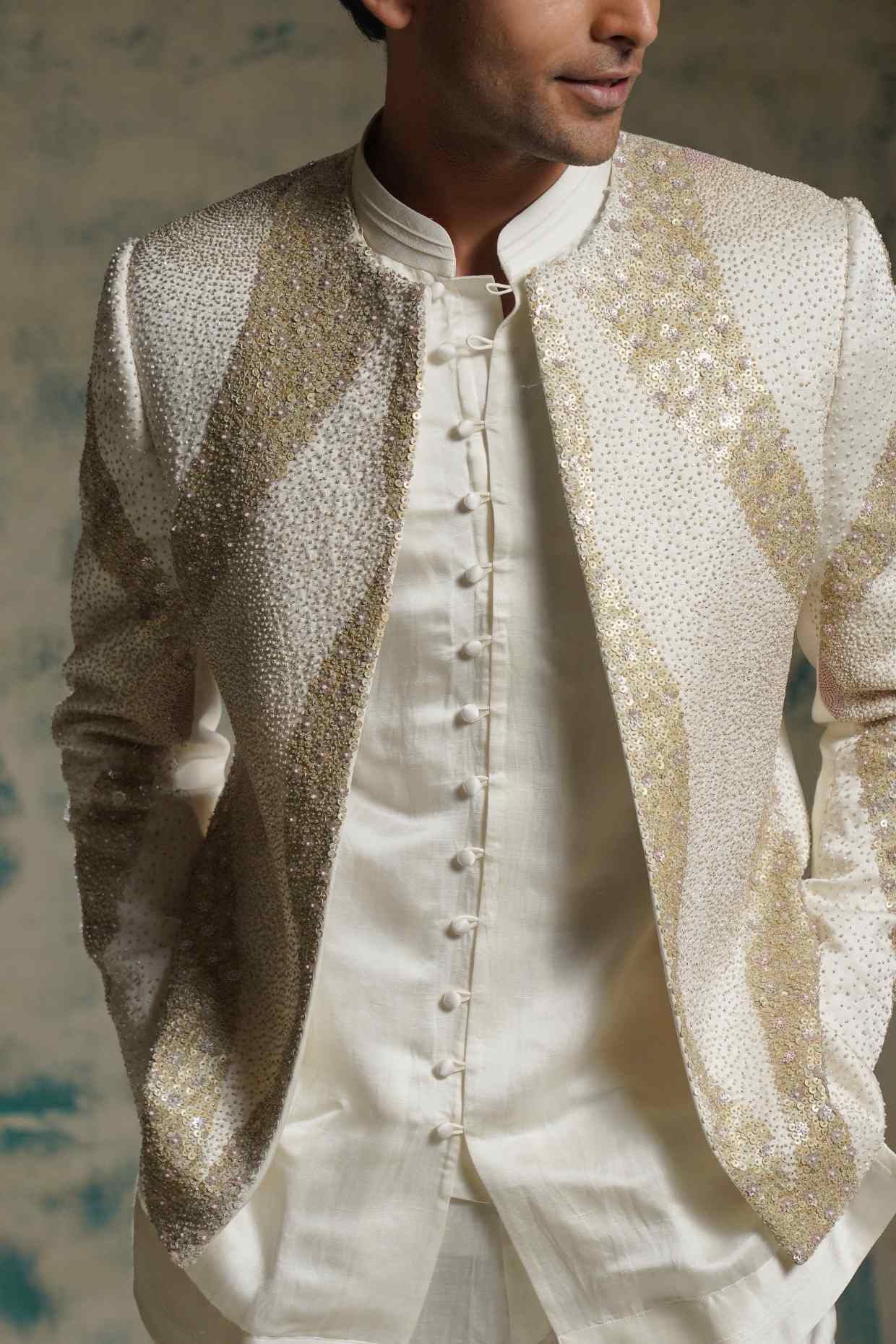 Ivory Hand Embroidered Sequins Short Jacket Set