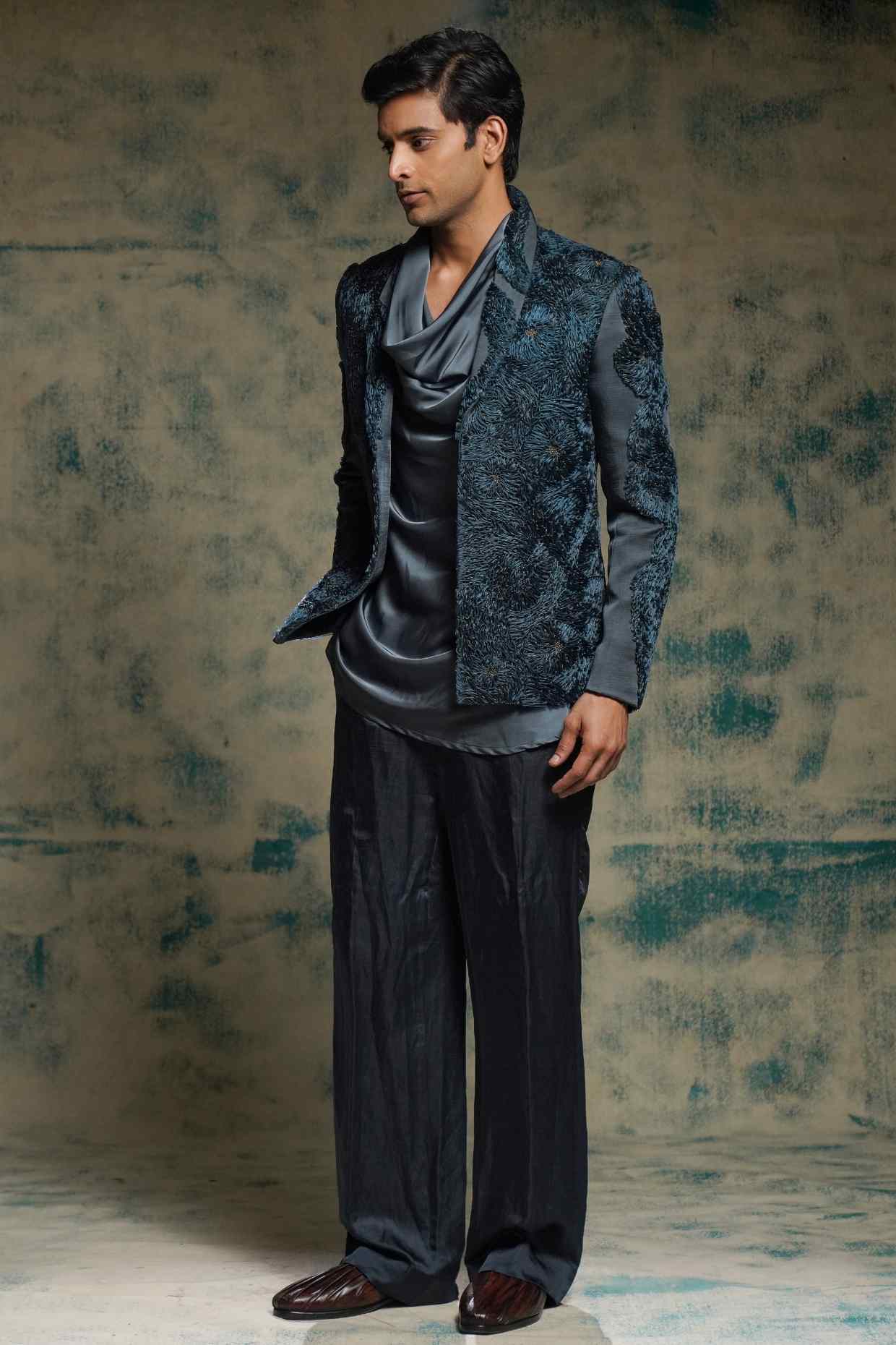 Charcoal Blue Hand Embroidered Short Jacket Set