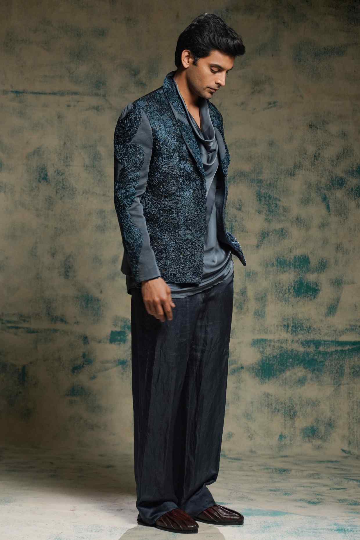 Charcoal Blue Hand Embroidered Short Jacket Set