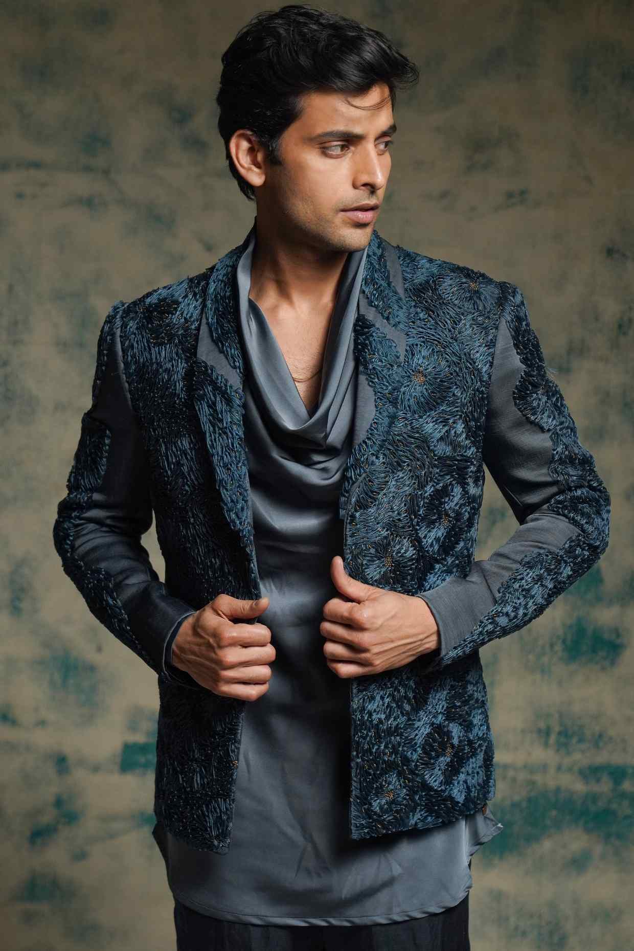 Charcoal Blue Hand Embroidered Short Jacket Set