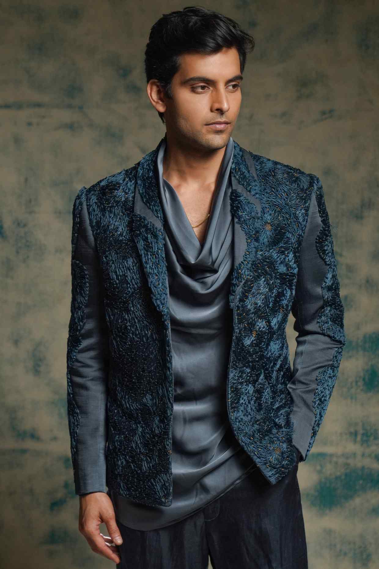 Charcoal Blue Hand Embroidered Short Jacket Set