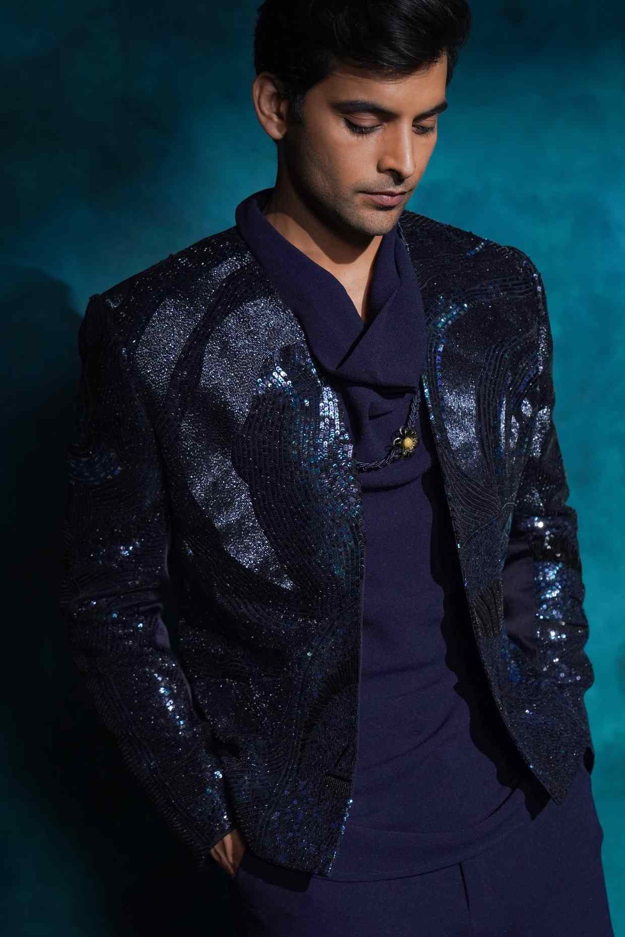 Midnight Blue Hand Embroidered Sequence Short Jacket Set