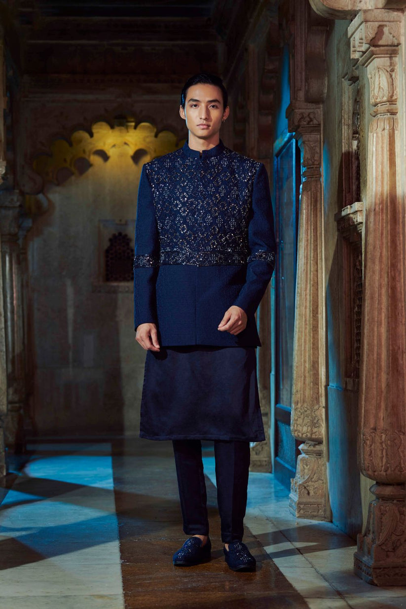 Elegant navy blue kurta jacket set with intricate embroidery