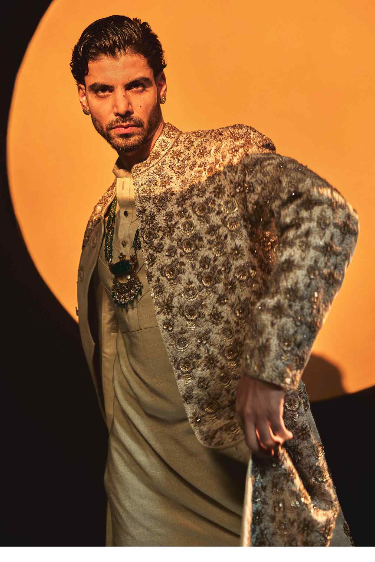 Sand Grey Linen Silk Embroidered Sherwani Set