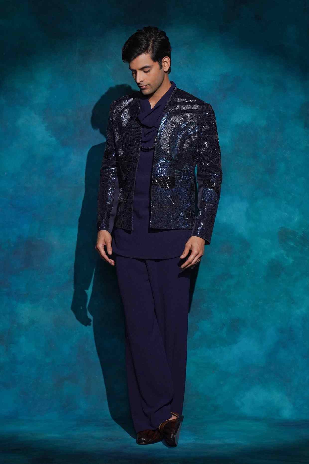 Midnight Blue Hand Embroidered Sequence Short Jacket Set