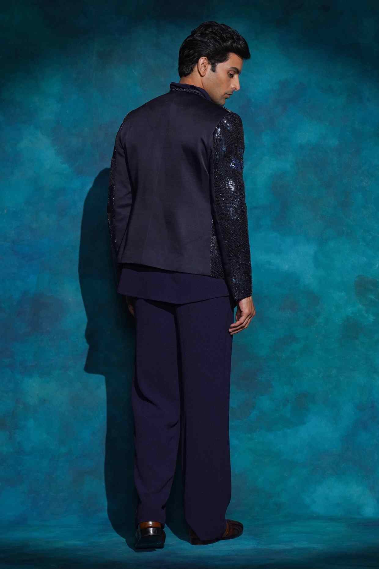 Midnight Blue Hand Embroidered Sequence Short Jacket Set