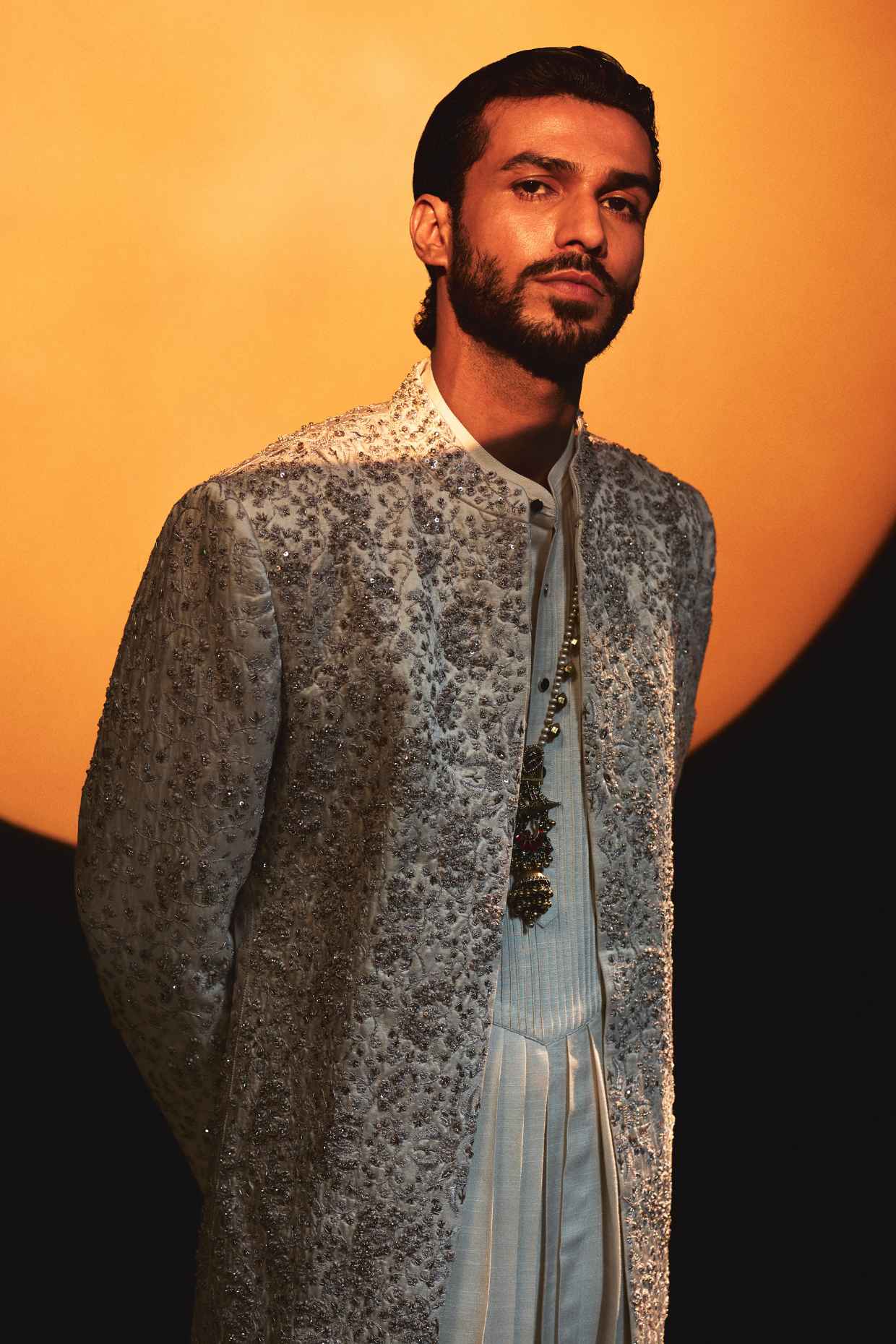 Ethereal Rose Crème Zardosi Dabka Sherwani Set