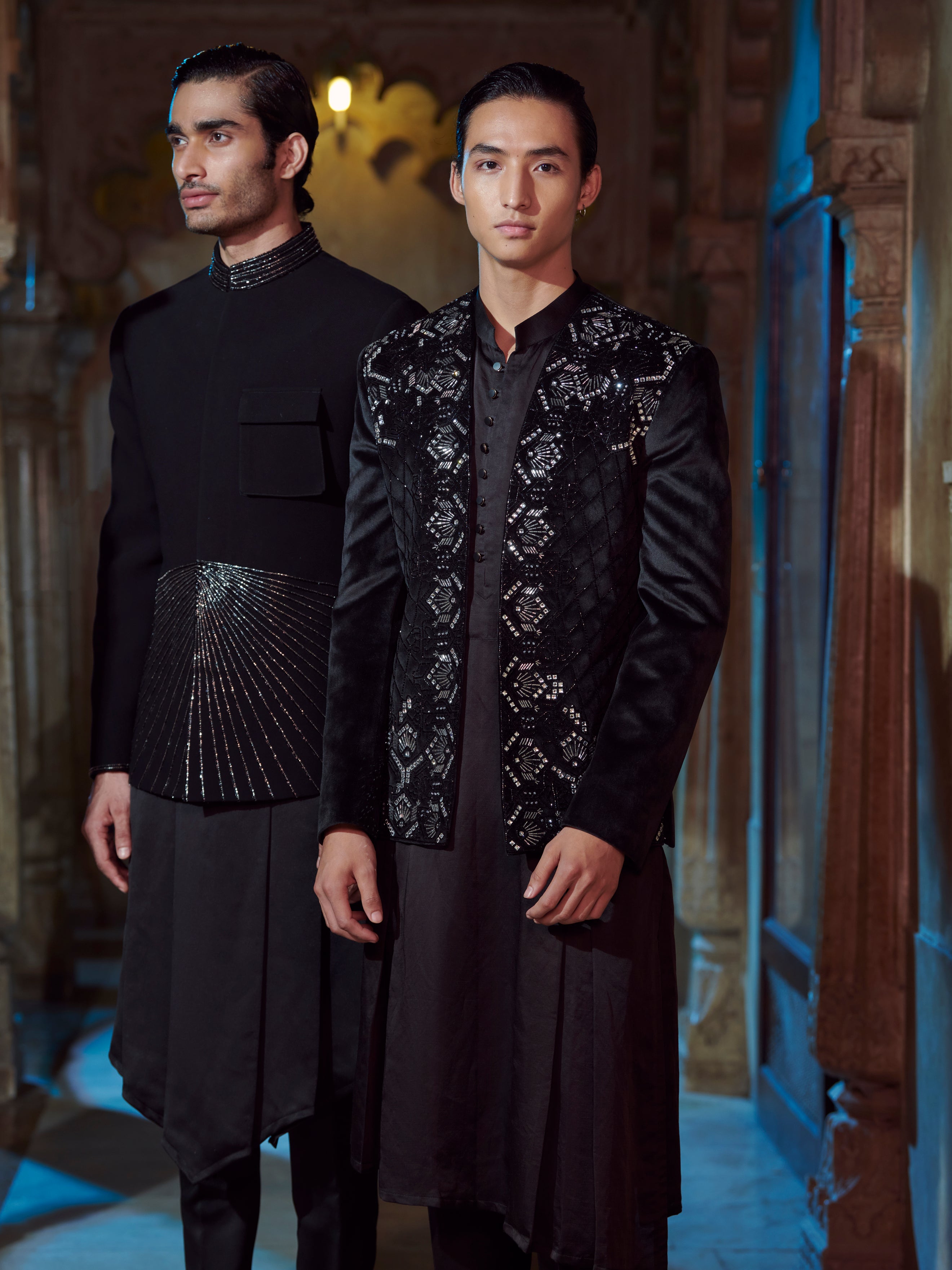 This Black Sherwani set exudes sophistication and elegance.