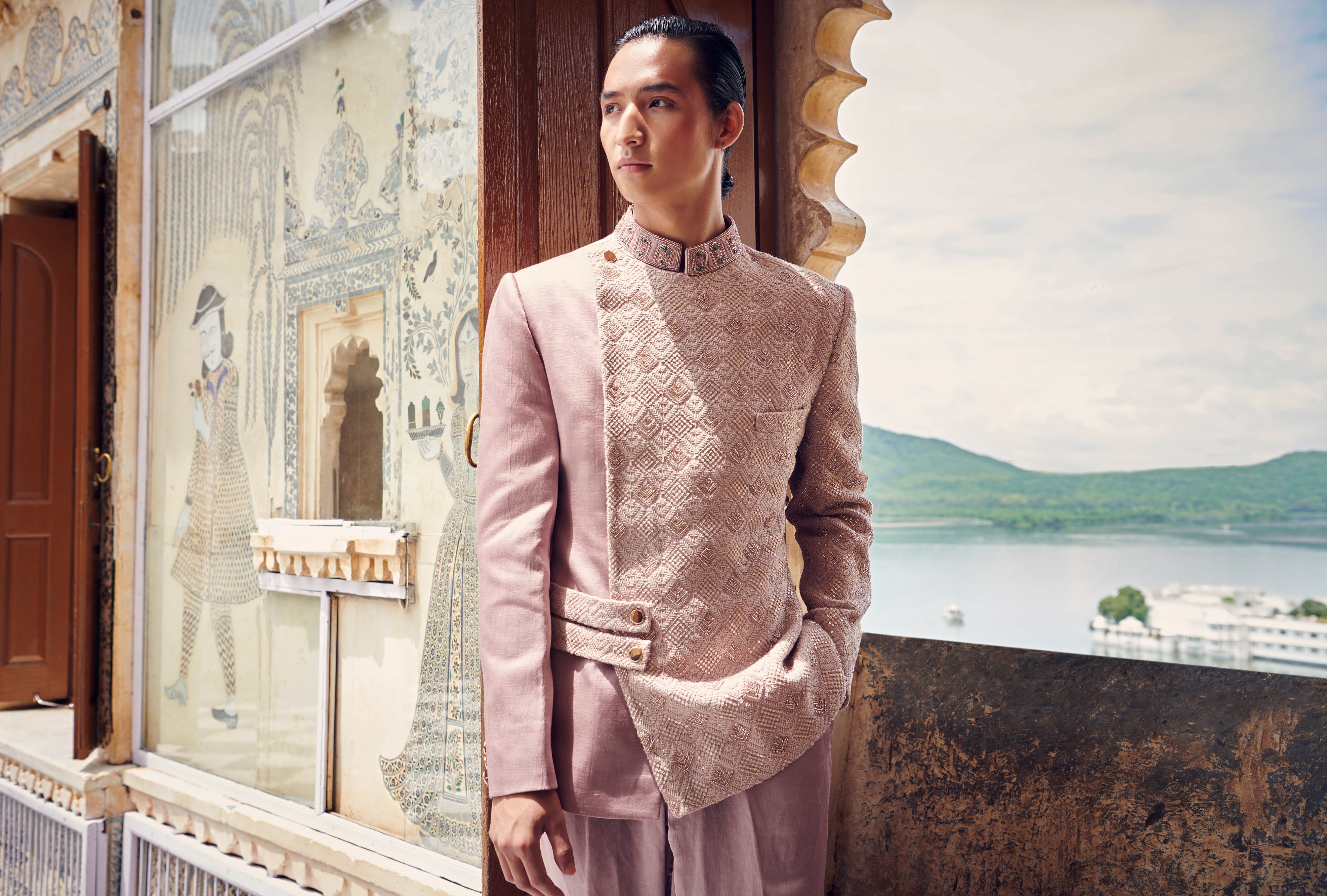 Elevate your style with our customizable Onion Pink Jacket Set, blending Linen Satin and intricate Lucknowi embroidery. Perfect for those who appreciate elegance with a touch of tradition.