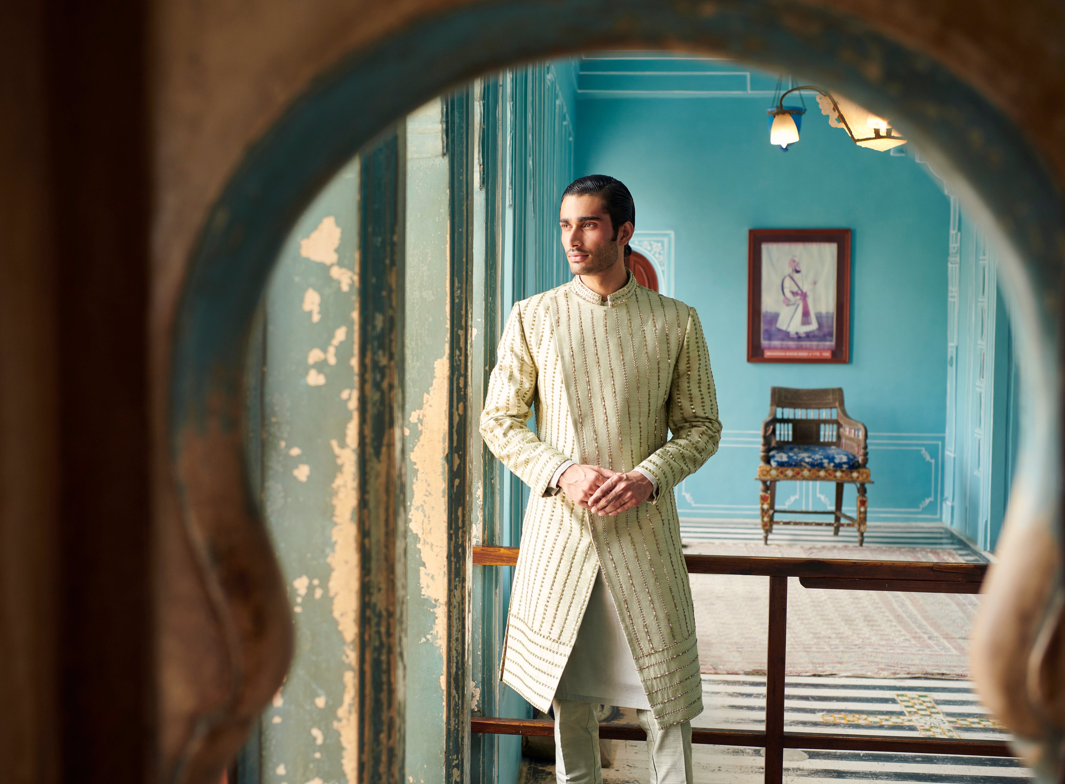 Dress to impress with our customizable Sherwani Set, featuring raw silk Sherwani, linen satin Kurta, and Pant in a serene pale olive. Elevate your style with tailored sophistication and modern flair, perfect for special occasions.