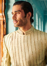 Step into elegance with our Sherwani Set, tailored from raw silk Sherwani, linen satin Kurta, and Pant in a chic pale olive shade. Customizable to reflect your style, it's the epitome of sophistication for weddings and cultural events. 
