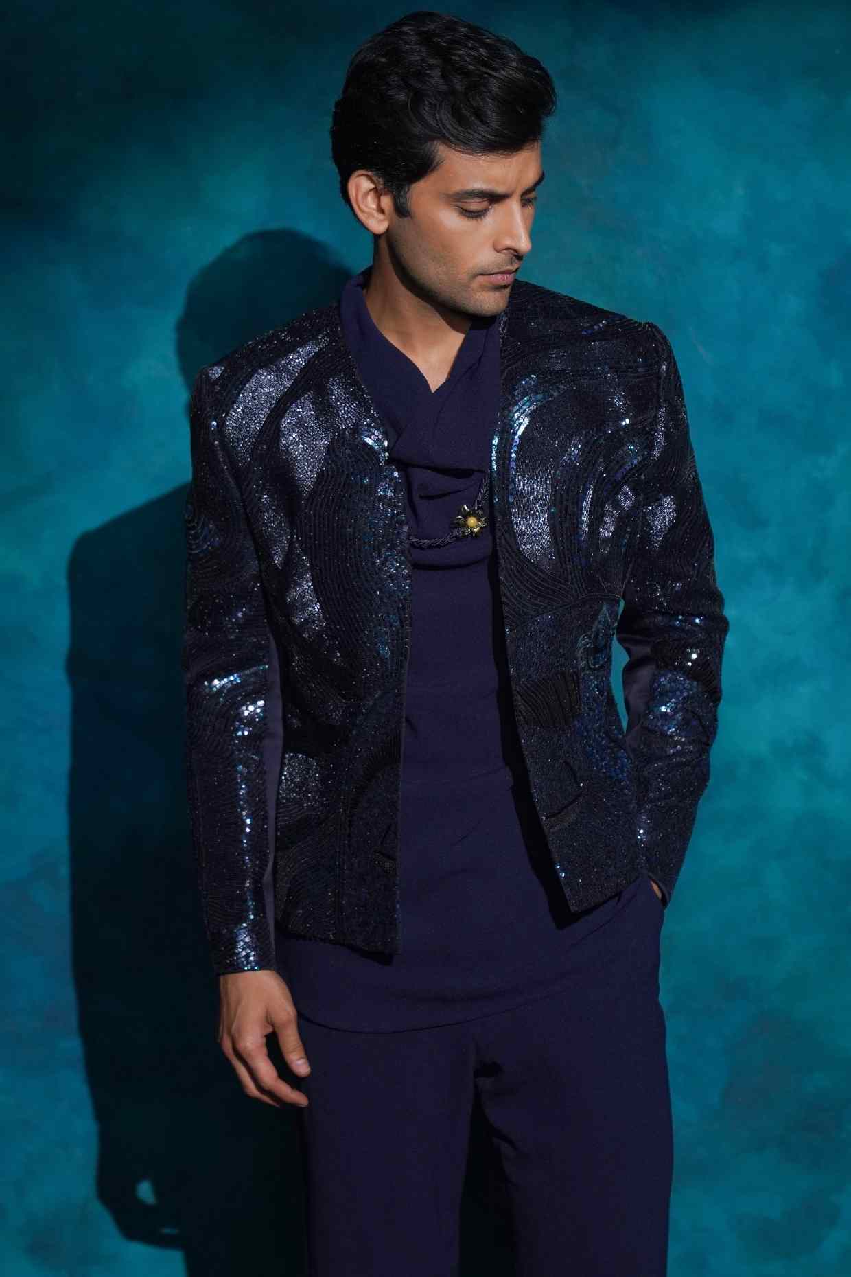 Midnight Blue Hand Embroidered Sequence Short Jacket Set