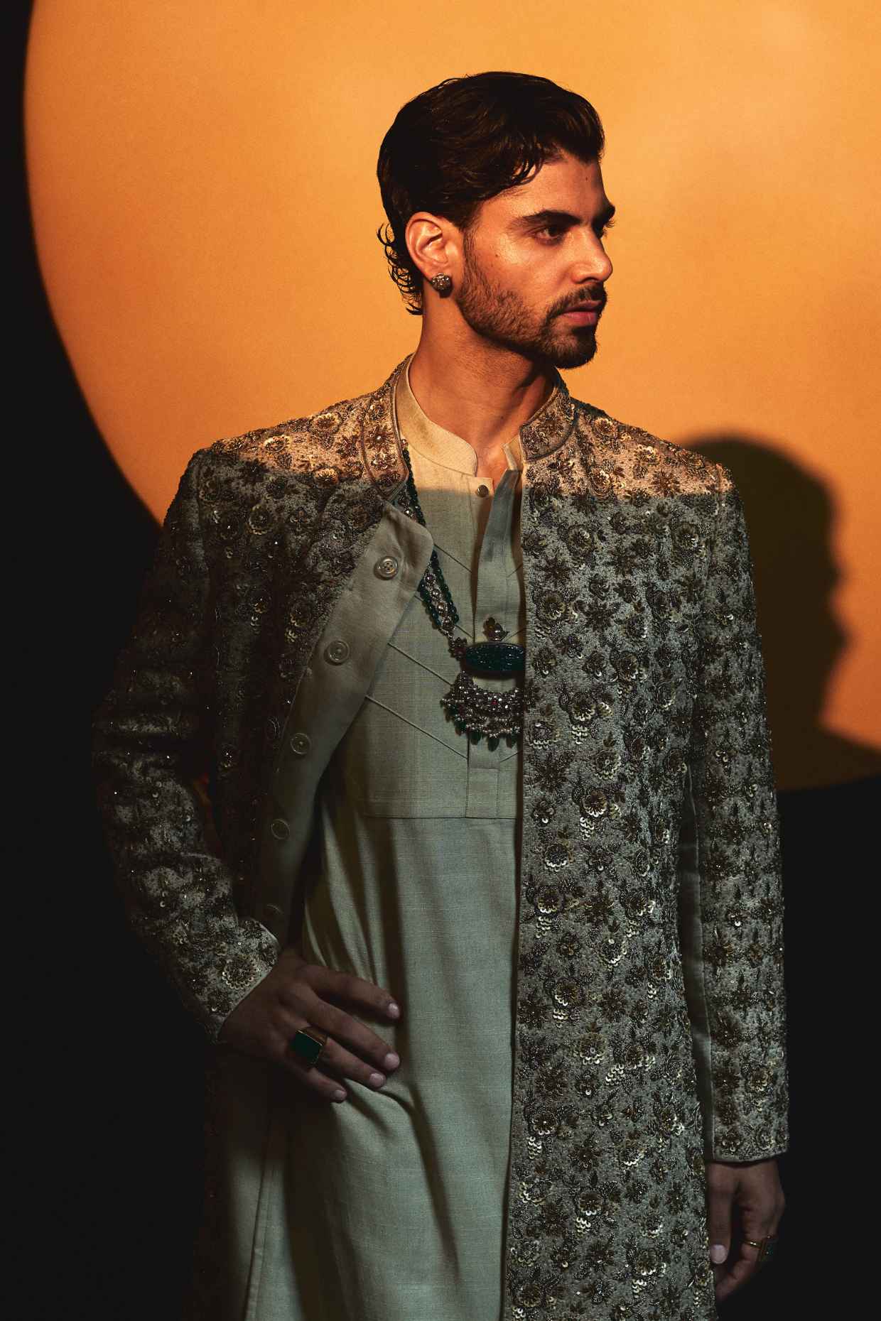 Sand Grey Linen Silk Embroidered Sherwani Set