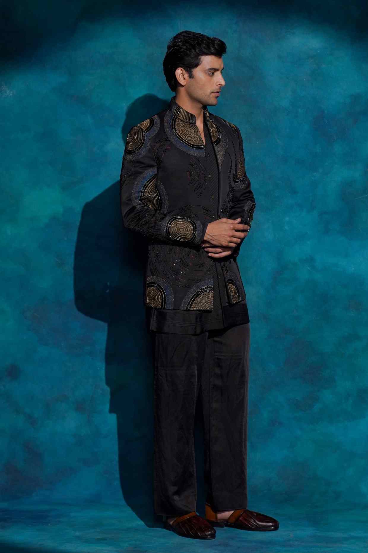 Black Hand Embroidered Open Bandhgala Set