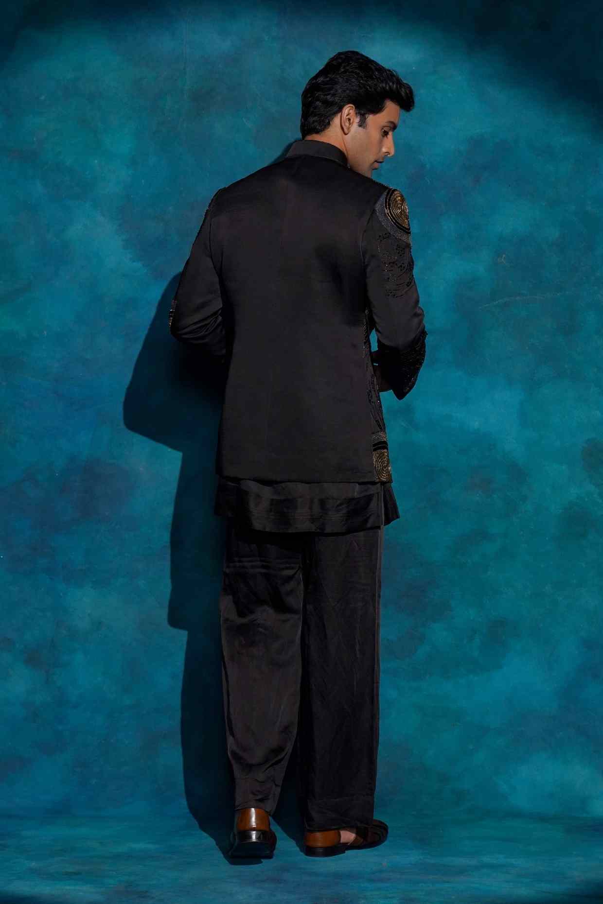 Black Hand Embroidered Open Bandhgala Set