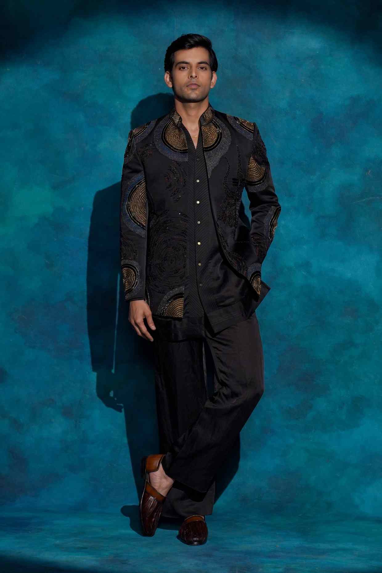Black Hand Embroidered Open Bandhgala Set