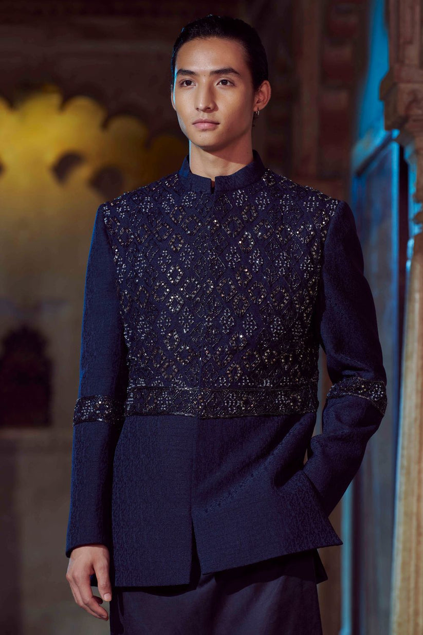 Sophisticated navy blue kurta jacket set featuring subtle beadwork