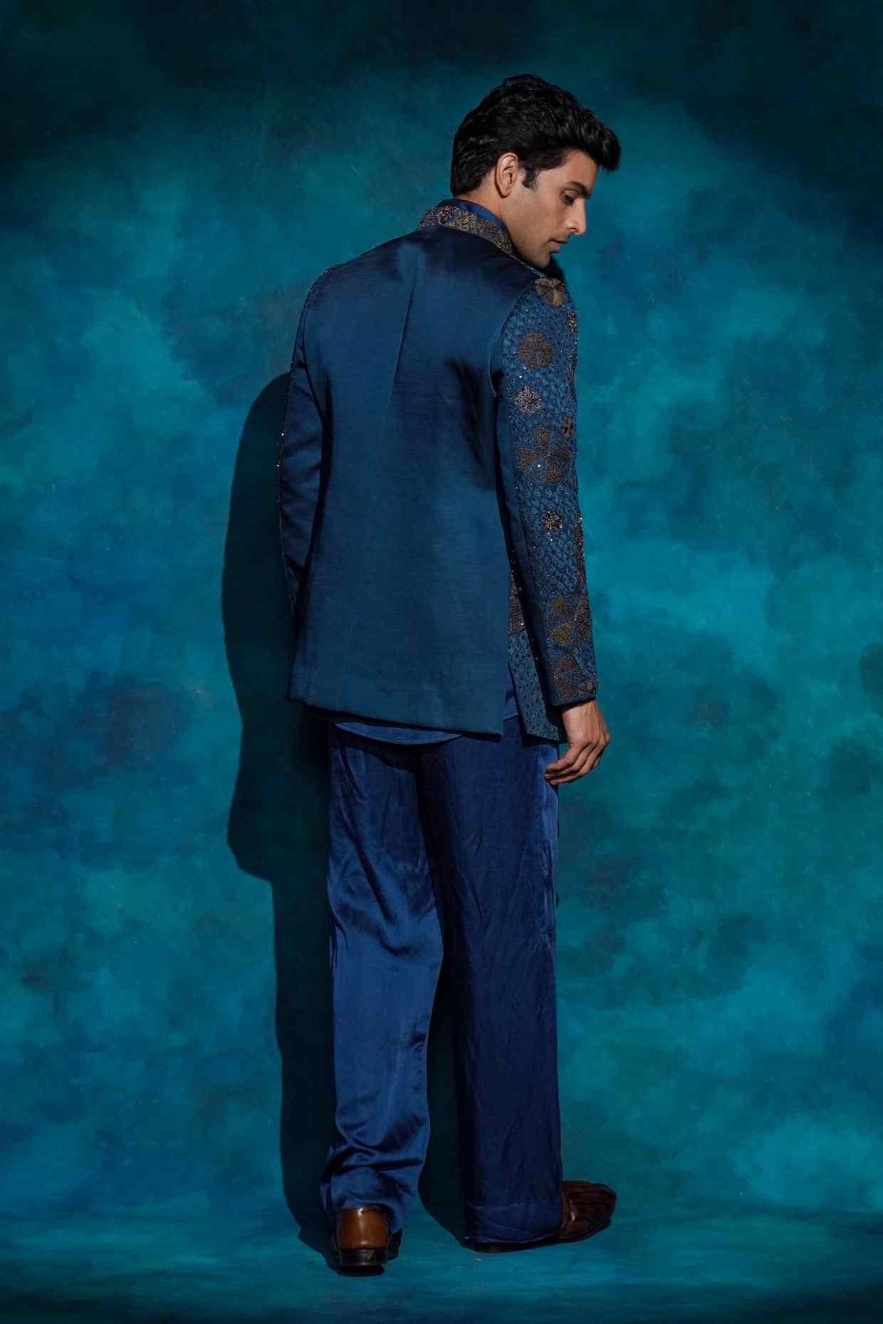 Teal and Ombre Hand Embroidered Short Jacket Set