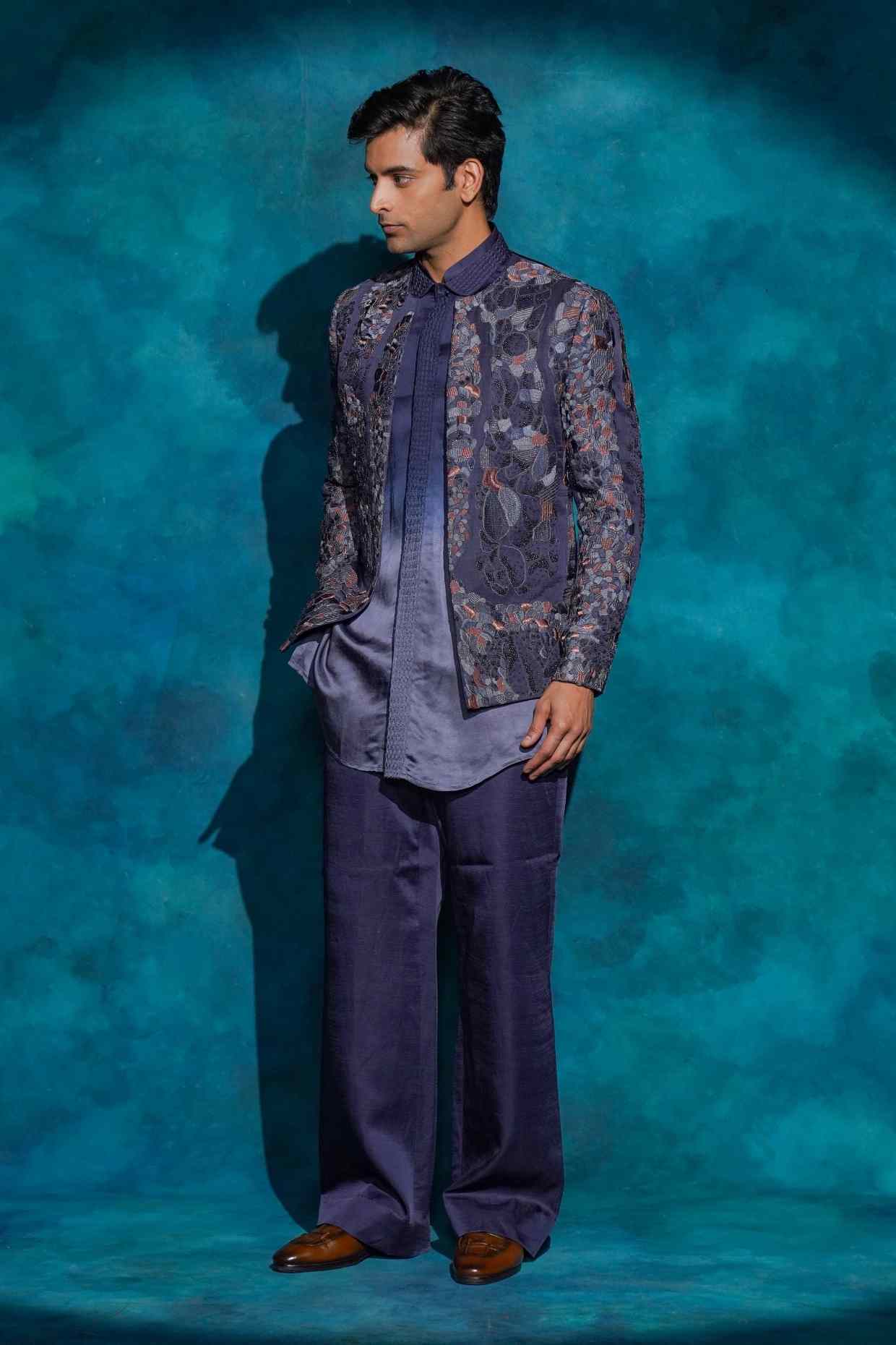 Oceanic Purple Hand Embroidered Short Jacket Set